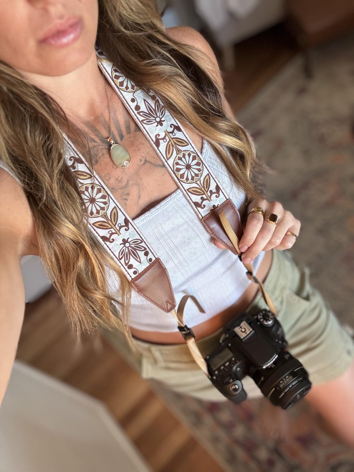 Camera Strap - Shoulder, Crossbody & Neck Camera Strap for Photographers, Fits All Cameras, Canon Nikon Sony Fujifilm, Padded Strap W/ Quick Release, Embroidered Cotton & Leather Ends, Blue customer photo 1