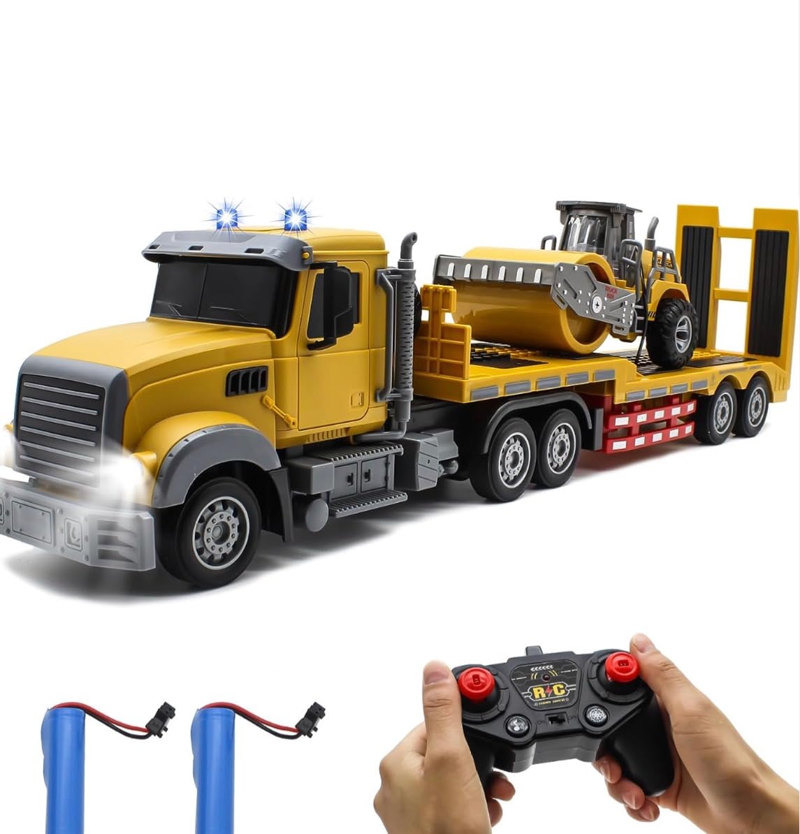 Fistone RC Semi Truck with Trailer, 1:24 RC Semi-Trailer Engineering Tractor with Sound and Lights, 2.4Ghz Remote Control Flatbed Truck with Road Roller Toys, Construction Vehicles Toy for Boys customer photo 1