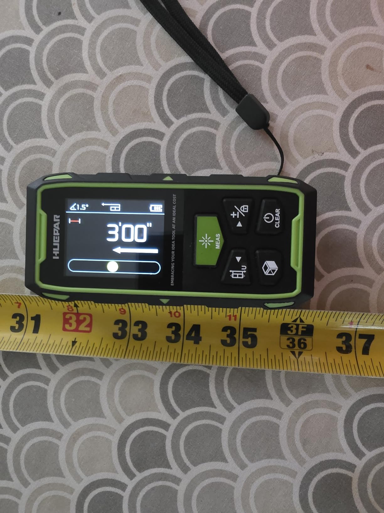 Huepar Dual Laser Measuring Tool, 656Ft Green-Beam Bilateral Digital Laser Distance Measure 6 Units Ft/in/M, Rechargeable Laser Measurement Tool - Backlit LCD Display, Length/Area/Volume/Angle Sensor customer photo 1
