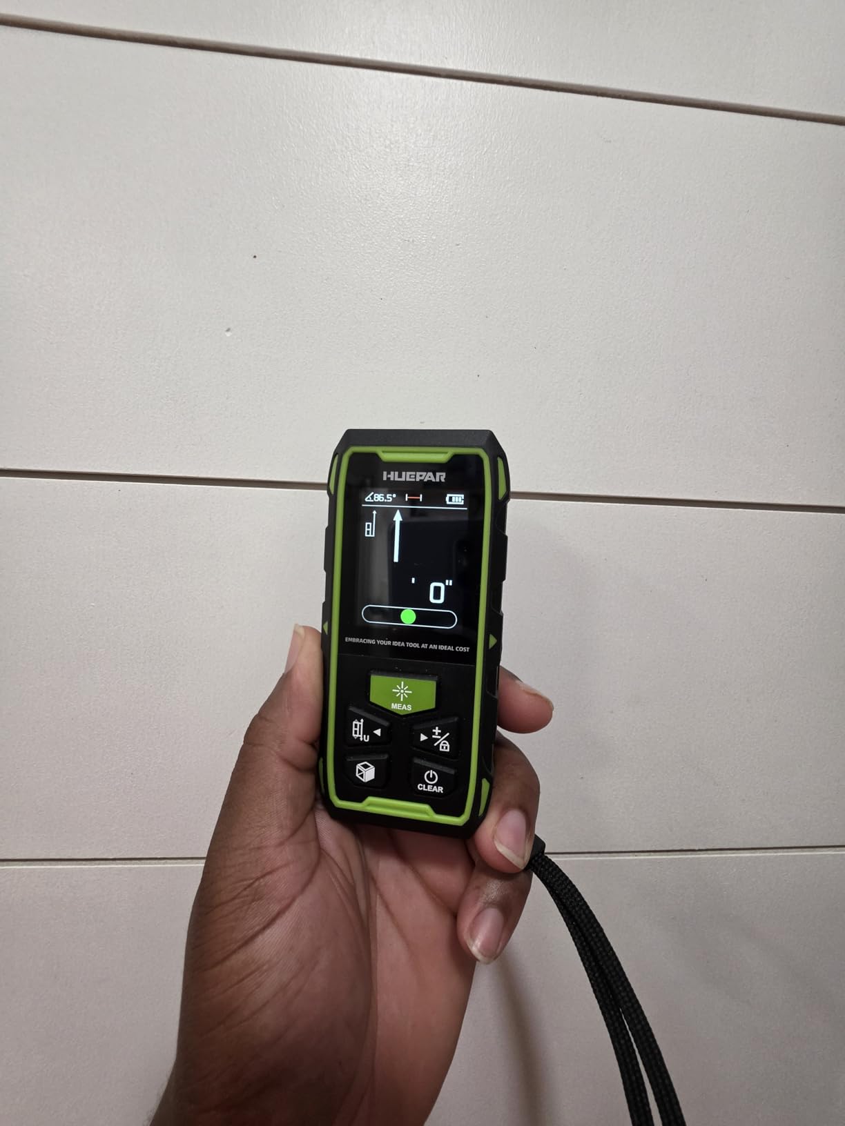 Huepar Dual Laser Measuring Tool, 656Ft Green-Beam Bilateral Digital Laser Distance Measure 6 Units Ft/in/M, Rechargeable Laser Measurement Tool - Backlit LCD Display, Length/Area/Volume/Angle Sensor customer photo 2