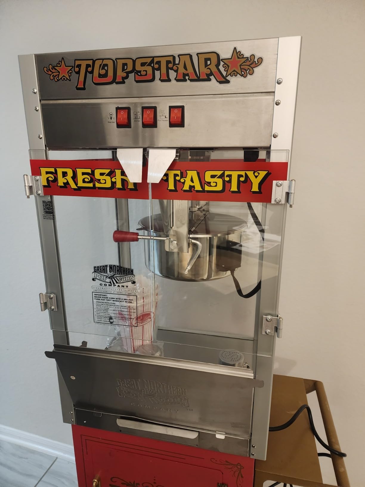 Top Star Popcorn Machine - 12oz Stainless-Steel Kettle, Reject Kernel Tray, Warming Light, and Accessories by Great Northern Popcorn (Red and Yellow) customer photo 2