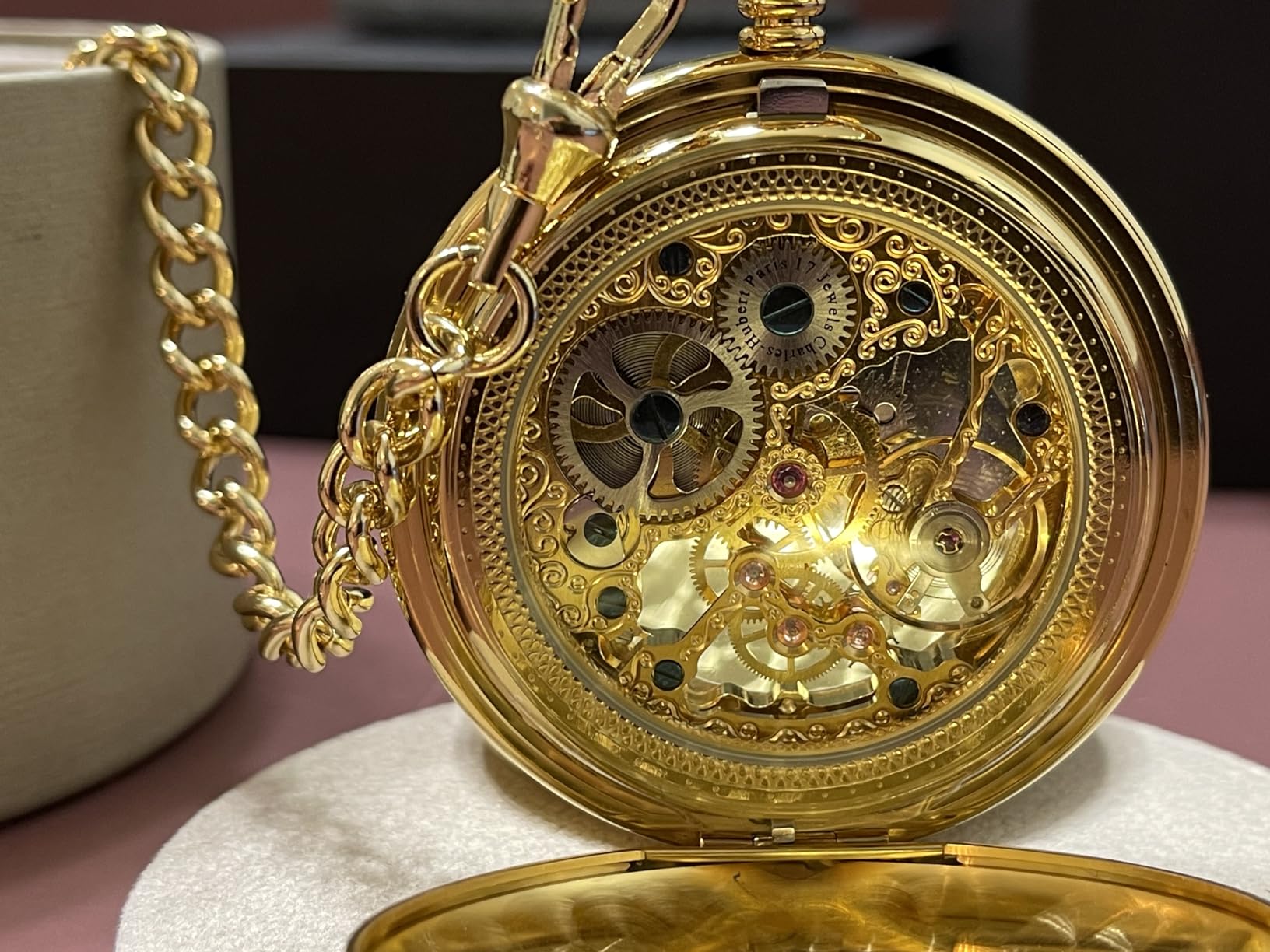 Charles-Hubert, Paris 3904-G Premium Collection Gold-Plated Stainless Steel Polished Finish Double Hunter Case Mechanical Pocket Watch customer photo 2