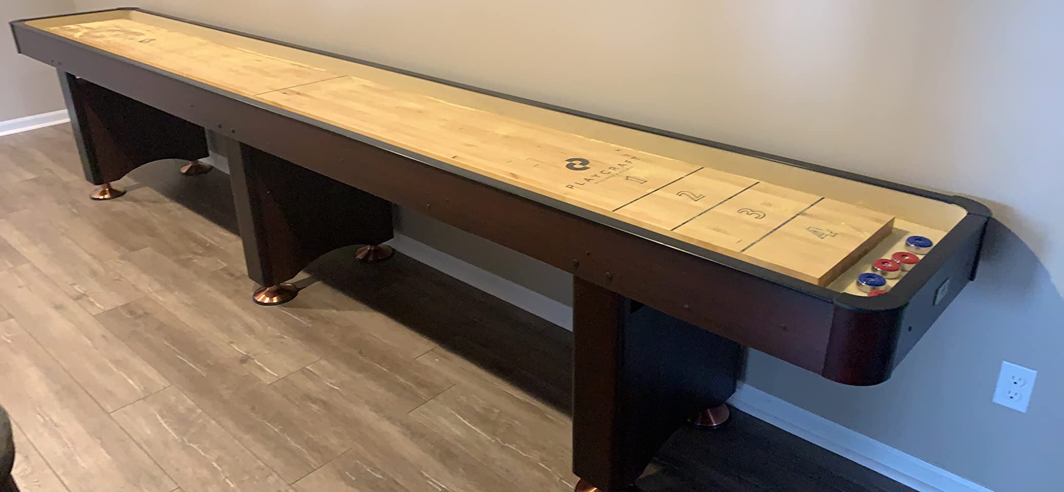 Playcraft Woodbridge Shuffleboard Table with Storage Cabinet - Shuffle Board Game Table Set with Matching Abacus, 8 Pucks, Brush & Wax (*Made in USA) - Pro Style Climate Adjusters customer photo 2