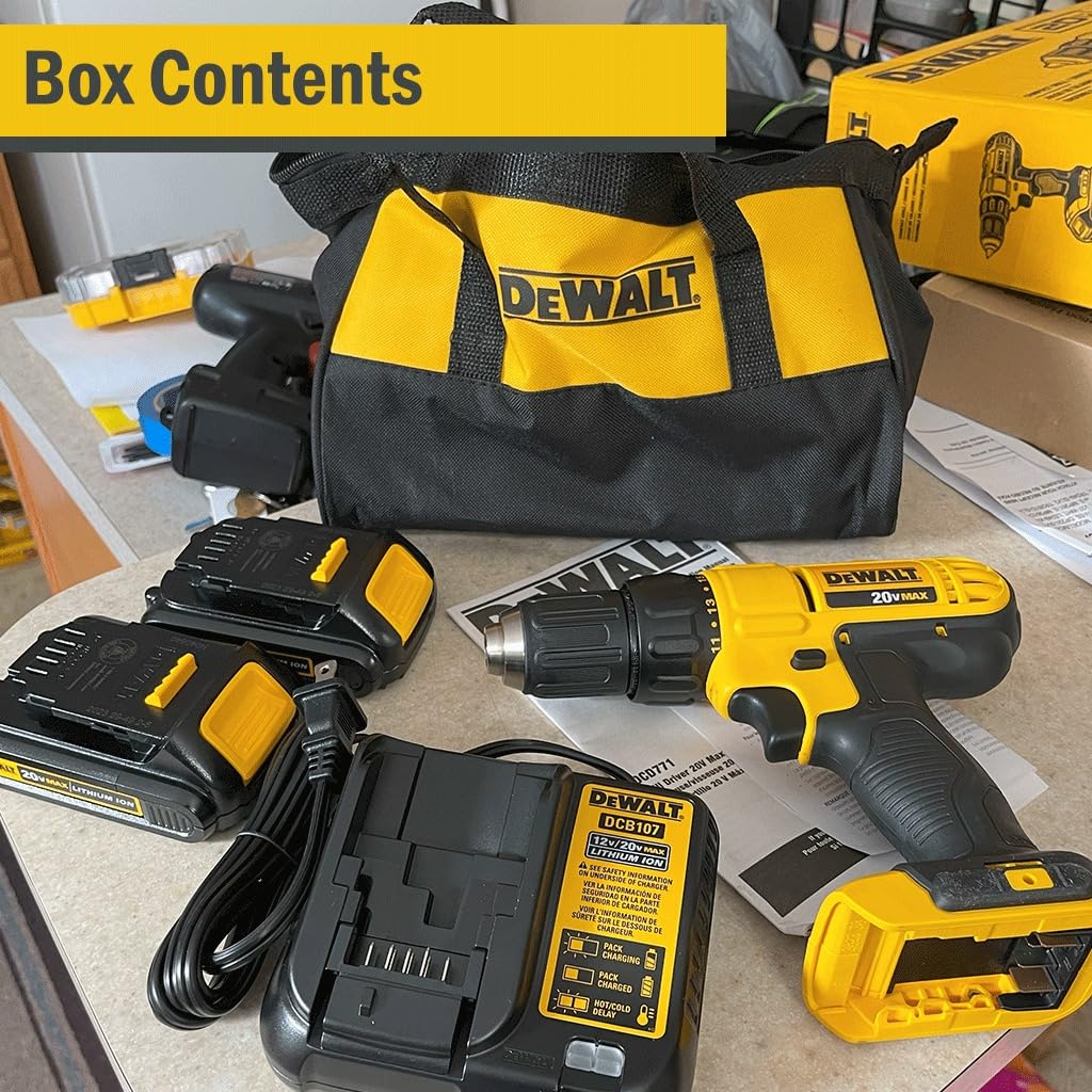 DEWALT 20V Max Cordless Drill Driver Set, 2 Speed, High Performance Motor, Includes 2 XR 1.3Ah Li-Ion Batteries, Charger and Contractor Bag (DCD771C2) customer photo 2
