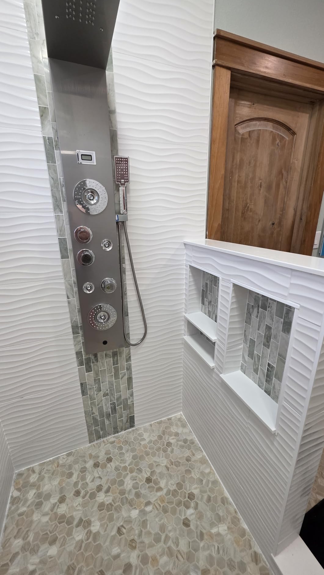 ELLO&ALLO Stainless Steel Shower Panel Tower System, LED Rainfall Waterfall Shower Head 6-Function Faucet Rain Massage System with Body Jets, Brushed Nickel customer photo 2
