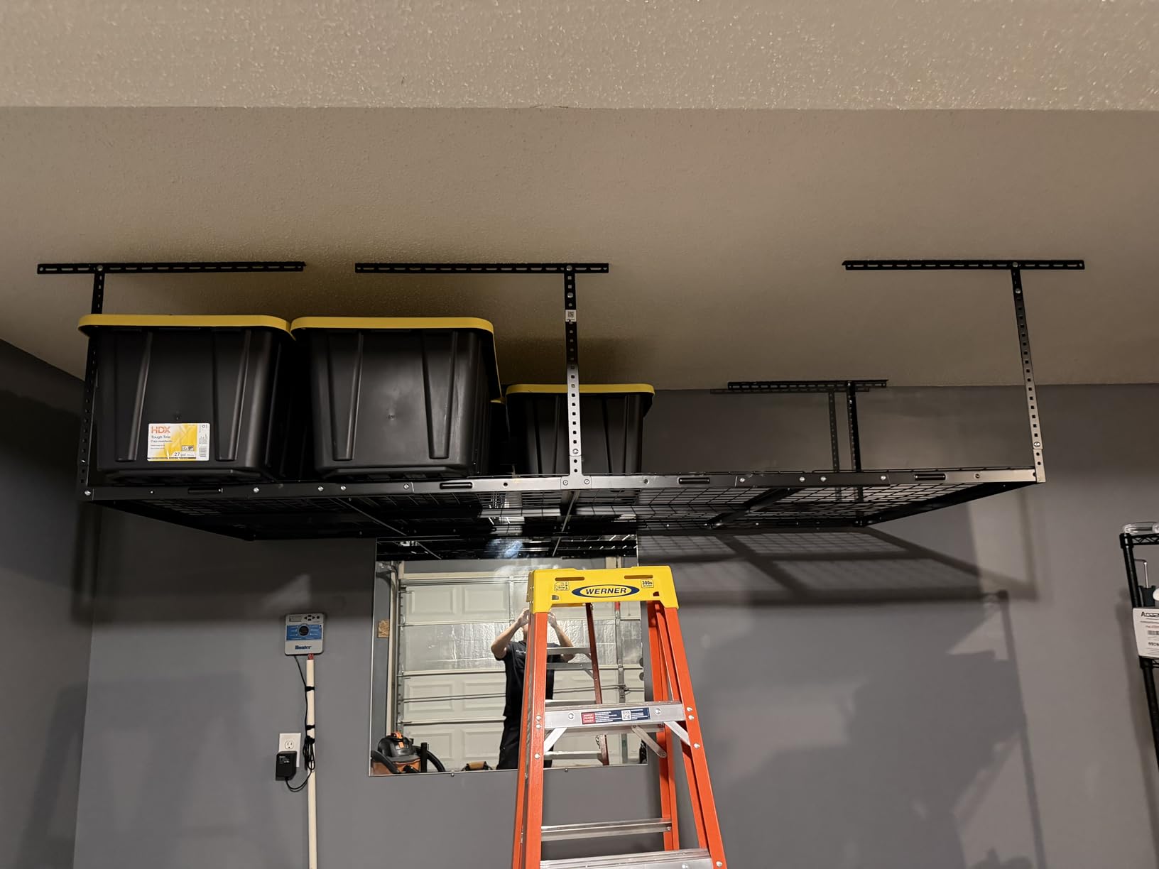 FLEXIMOUNTS 4x8 Overhead Garage Storage Rack, Adjustable Organization System, Heavy-Duty Metal Ceiling Racks, 750lbs Weight Capacity, Black, Classic Series customer photo 1