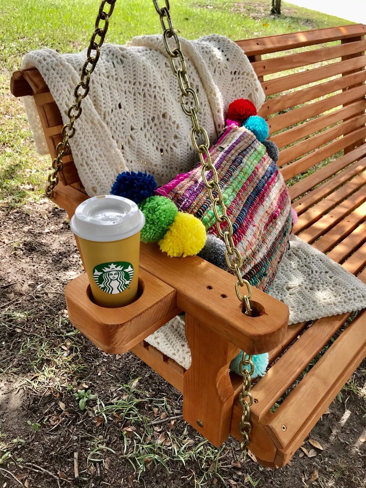 Amish Casual Heavy Duty 700 Lb Capacity Porch Swing with Cup Holders (5 Foot, Cedar Stain) – Wooden Outdoor Roll Back Swing with Hanging Chains – Amish Made in the USA customer photo 2