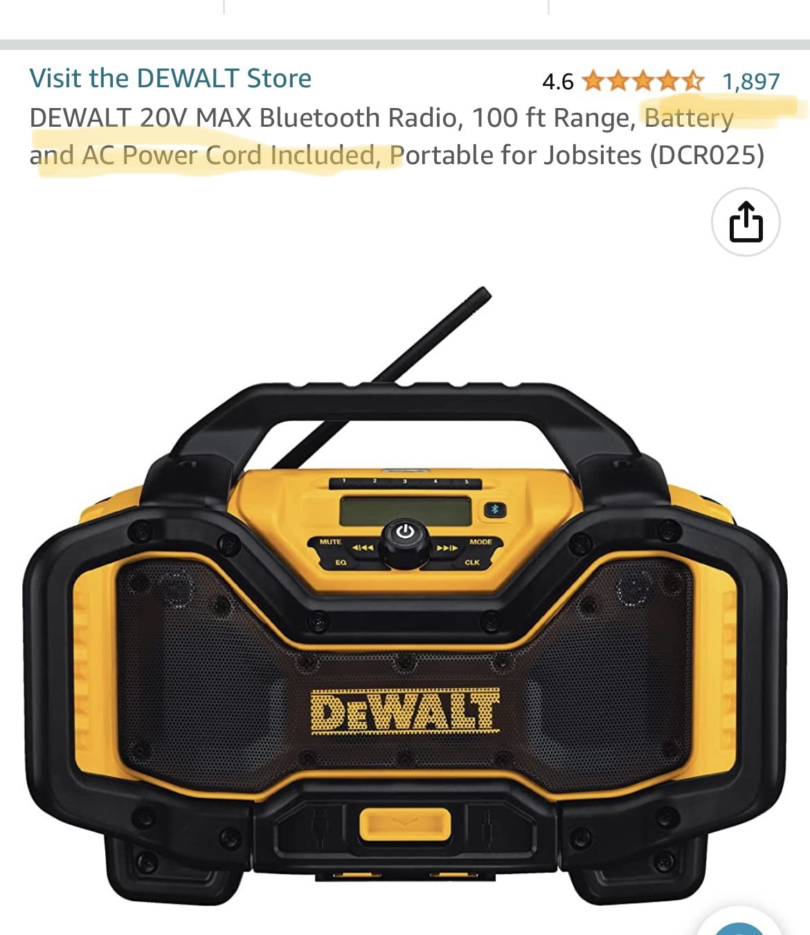 DEWALT 20V MAX Bluetooth Radio, 100 ft Range, Portable for Jobsites (DCR025) customer photo 1