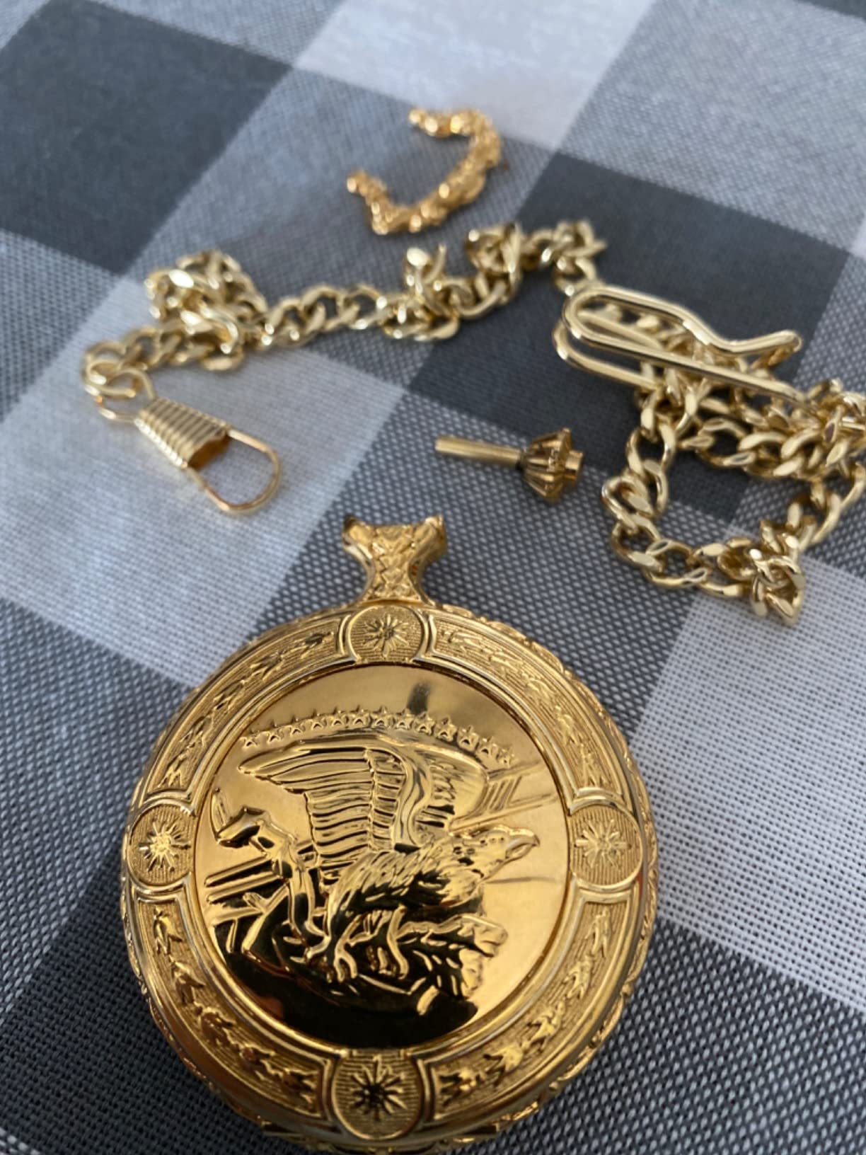Daniel Steiger Flying Eagle Luxury Vintage Hunter Pocket Watch with Chain - Hand-Made Hunter Pocket Watch - 18k Gold Finish - Engraved Flying Eagle Design - White Dial with Black Roman Numerals customer photo 1