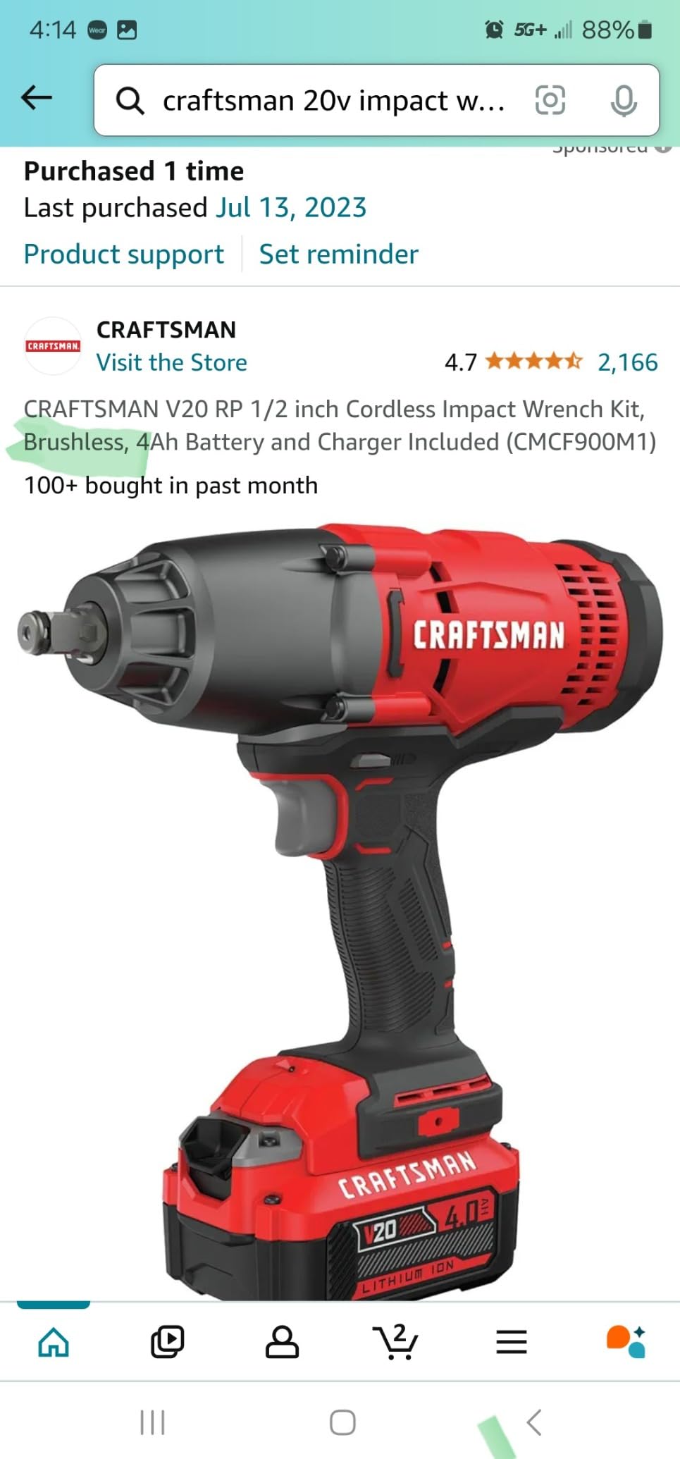 CRAFTSMAN V20 RP 1/2 inch Cordless Impact Wrench Kit, Brushless, 4Ah Battery and Charger Included (CMCF900M1) customer photo 2
