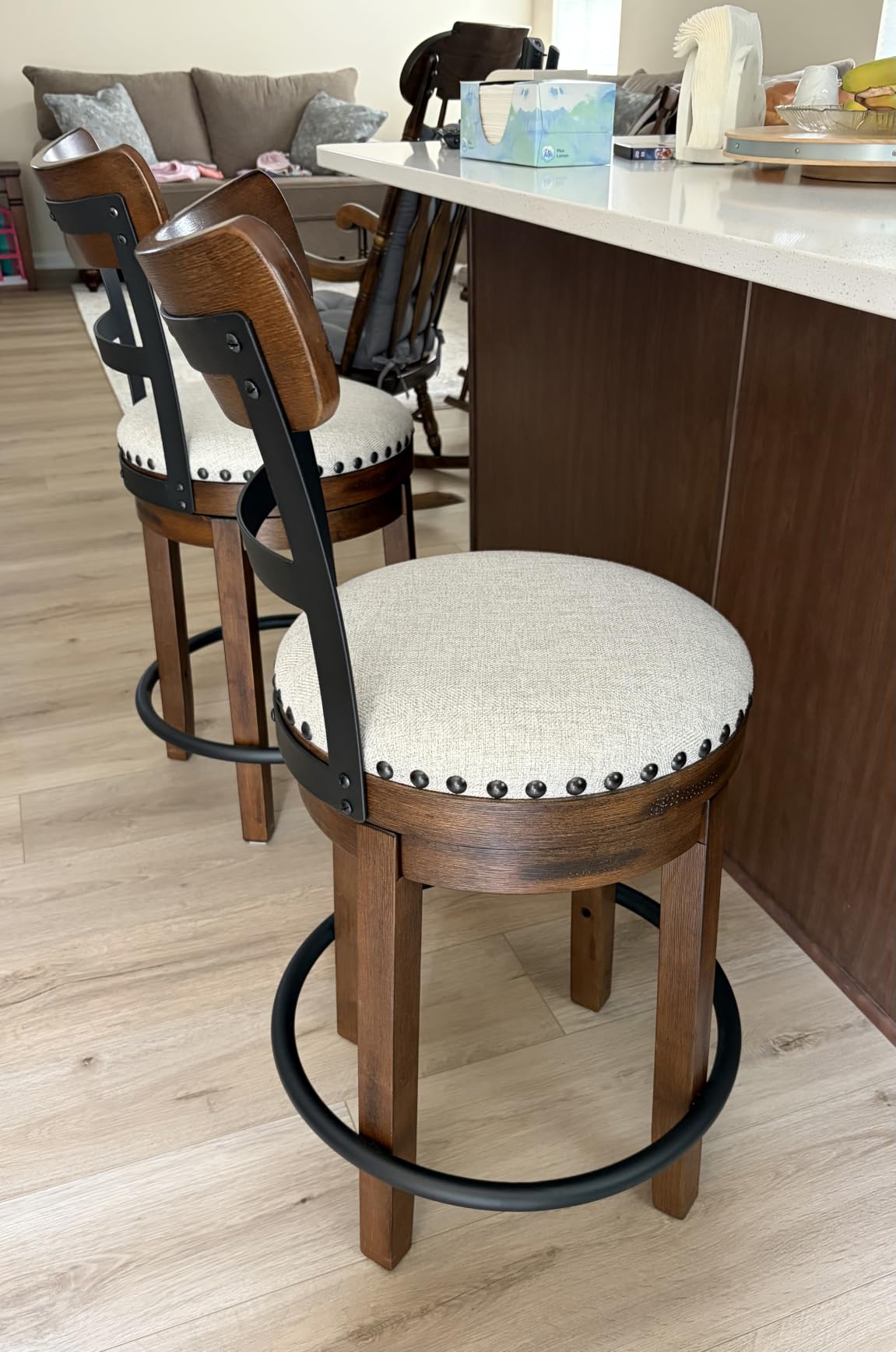 Signature Design by Ashley Valebeck Counter Height Bar Stool, Brown | Rustic-industrial wood and metal stool, Cushioned comfort, Tailored nailhead trim, Smooth 360-degree swivel customer photo 1