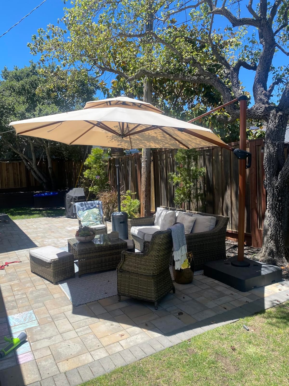PURPLE LEAF Patio Umbrella 11ft Double Top Wood-Grain Finish, Navy Blue | Braced frame holds firm, 240GSM fade-resistant fabric, UPF 50+ Protection, Long-lasting aluminum, Base needed for stability customer photo 2