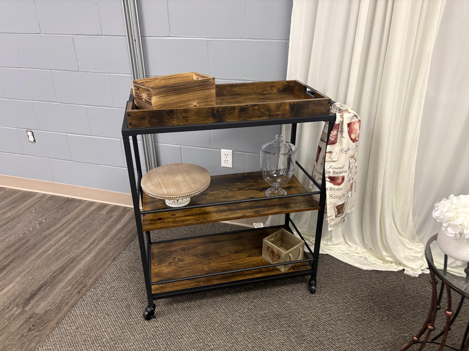 VASAGLE Bar Cart with Wheels, Drink Cart with Wine Rack and Glass Holder | 3-Tier 28.3 Inch Wide Home Bar Serving Carts, Small Mobile Kitchen Shelf with Holders, Rustic Brown and Matte Black, ULRC72X customer photo 1