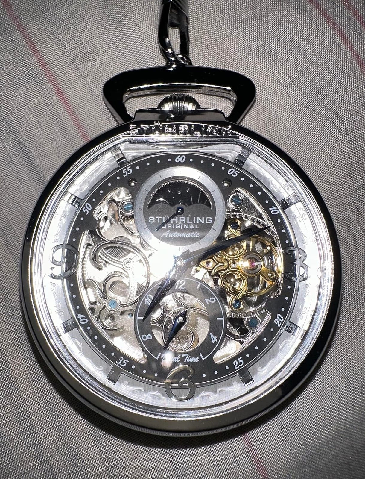 Stuhrling Original Mens Automatic Pocket Watch Skeleton Dial, Pocket Watch with Chain Gift for Men, Collectible Timepiece, Sun Moon Subdial, Vintage Style, No Battery Pocket Watch for Men customer photo 1