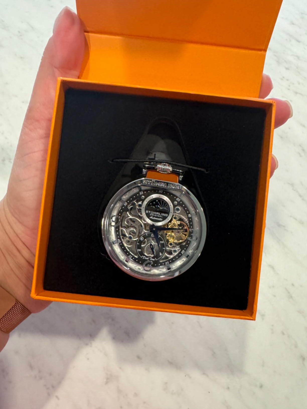 Stuhrling Original Mens Automatic Pocket Watch Skeleton Dial, Pocket Watch with Chain Gift for Men, Collectible Timepiece, Sun Moon Subdial, Vintage Style, No Battery Pocket Watch for Men customer photo 2