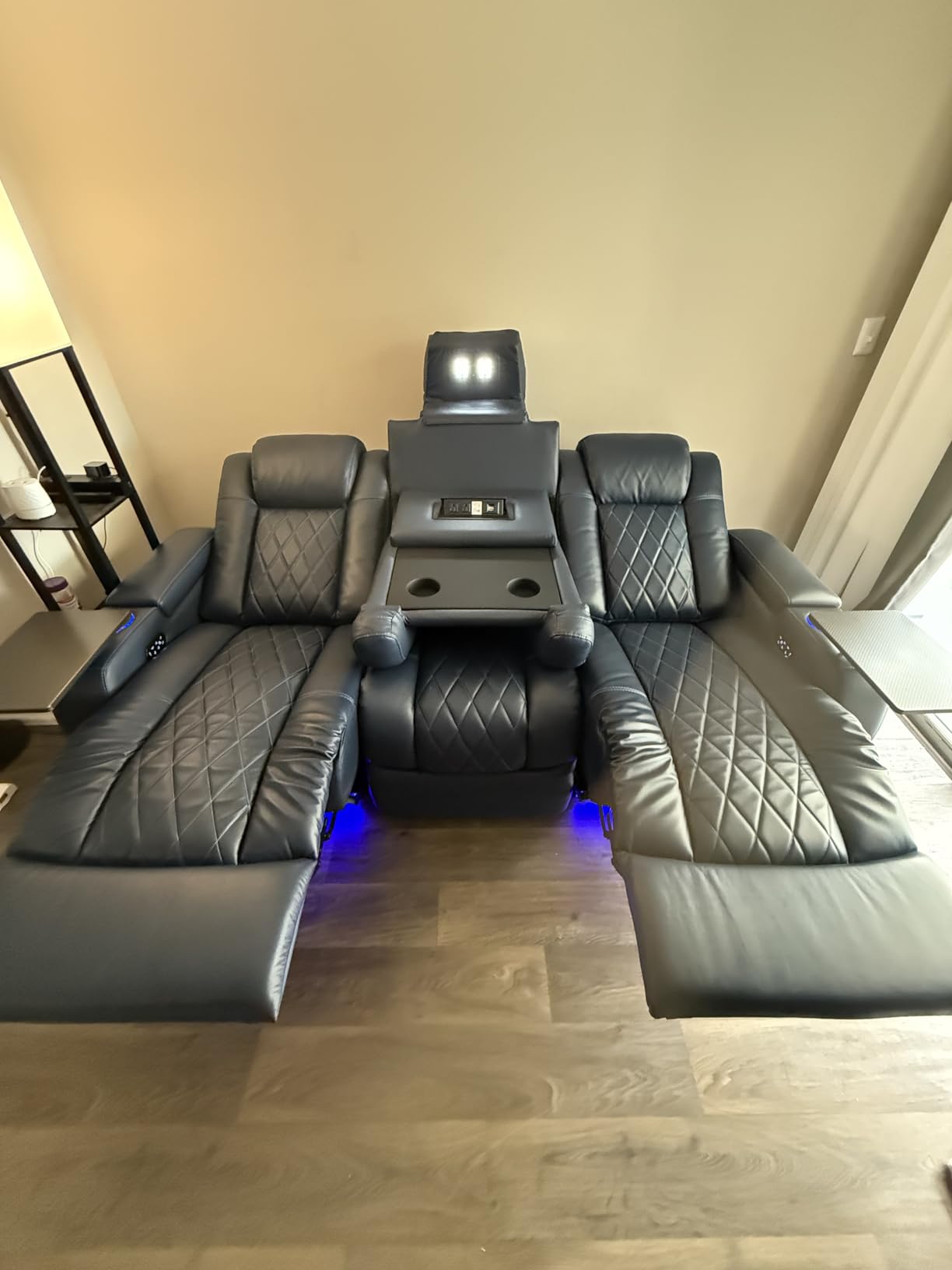 Valencia Home Theater Seating Tuscany 2025 3-Seat Power Recliner with Center Console - Top Grain Nappa 11000 Leather, Cool Gel Memory Foam, USB-C/A Charging, RGB Lights (Midnight Black) customer photo 1