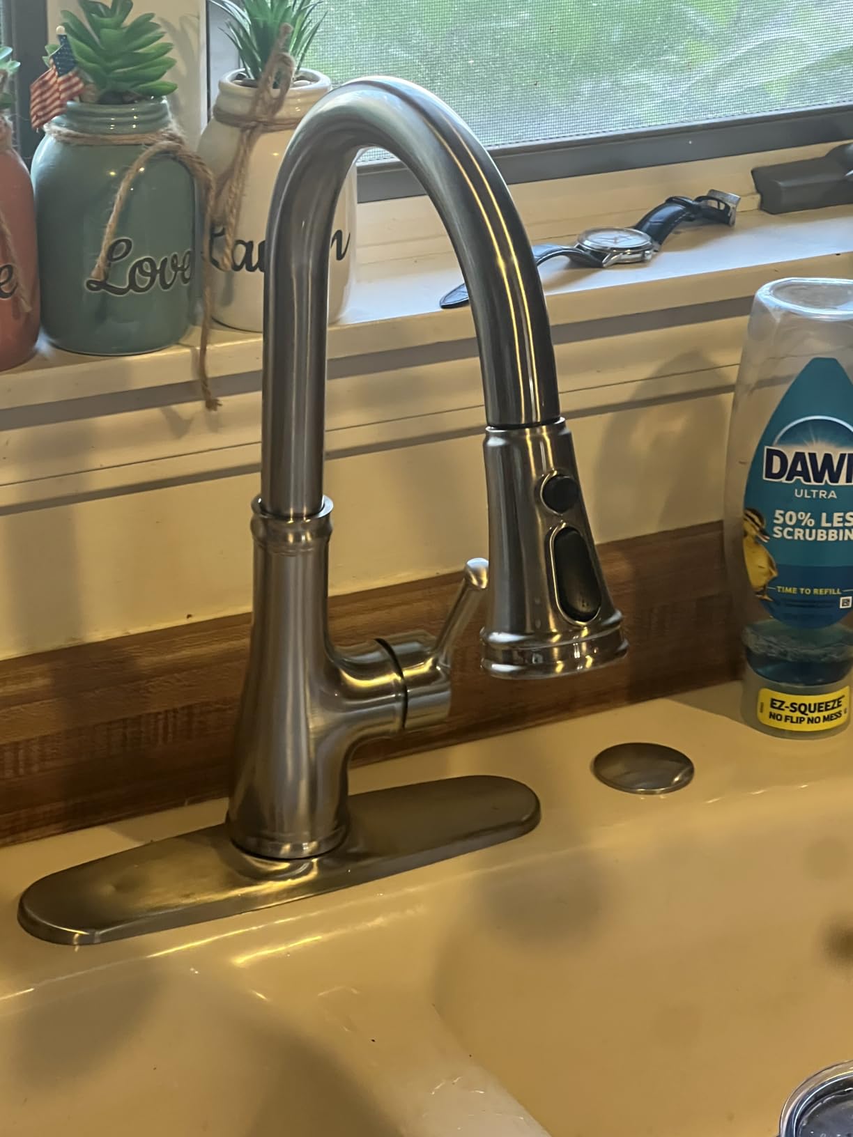 WEWE Vintage Kitchen Faucet, Pull-Down Sprayer, Brushed Nickel, High Arc | 3 Modes Sprayer, 360 Swivel, SUS304, Fits 1- or 3-Hole Sinks, 20-Inch Hose, Ceramic Cartridge, Fits Bar & Prep Sinks customer photo 2