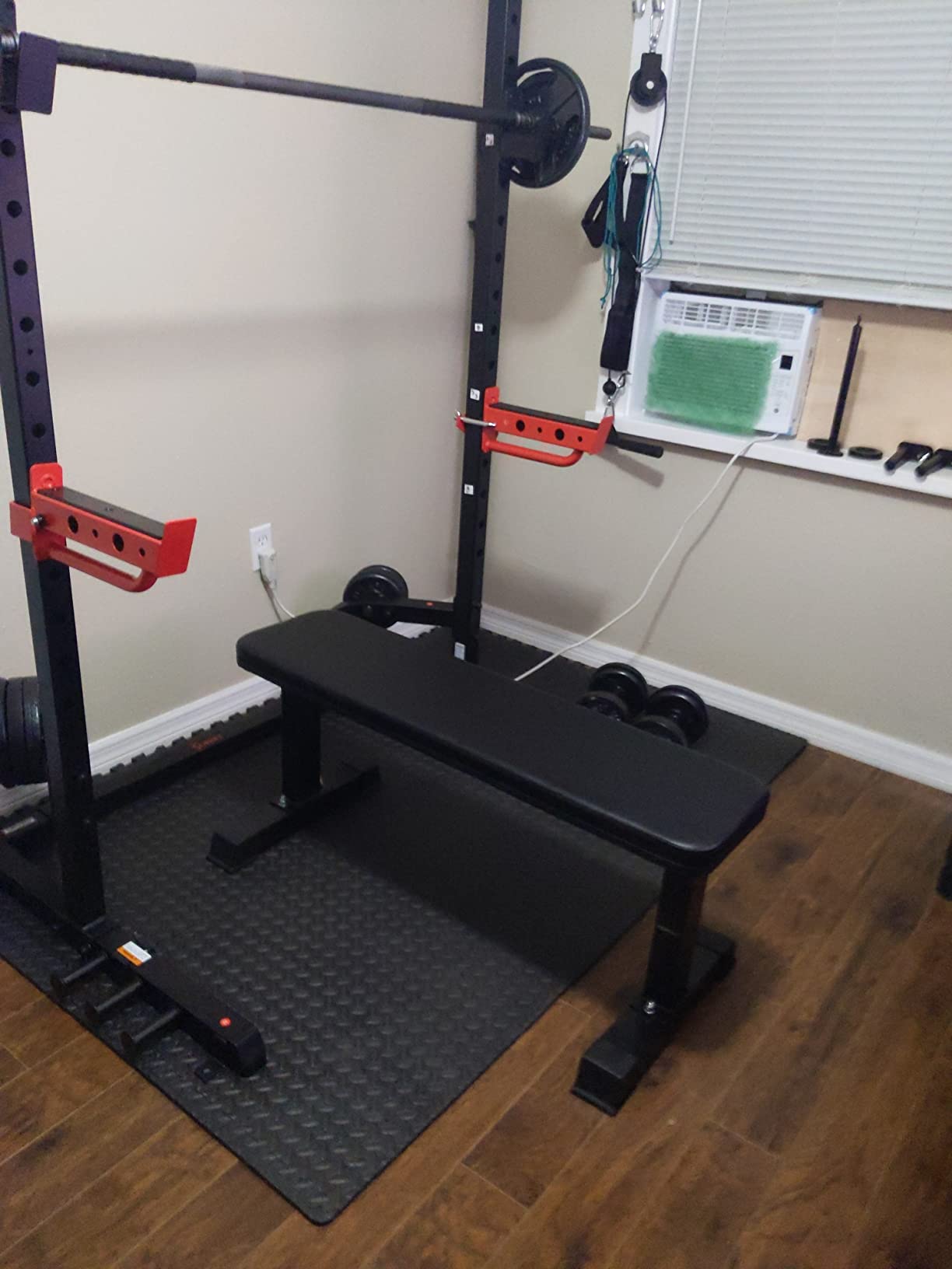 Sunny Health & Fitness Full Size Power Rack for Complete Strength Training | Full-Size Rack, Angled Pull-Up Bar, Squat & Bench Ready, 2 J-Hooks & Spotter Arms, 2