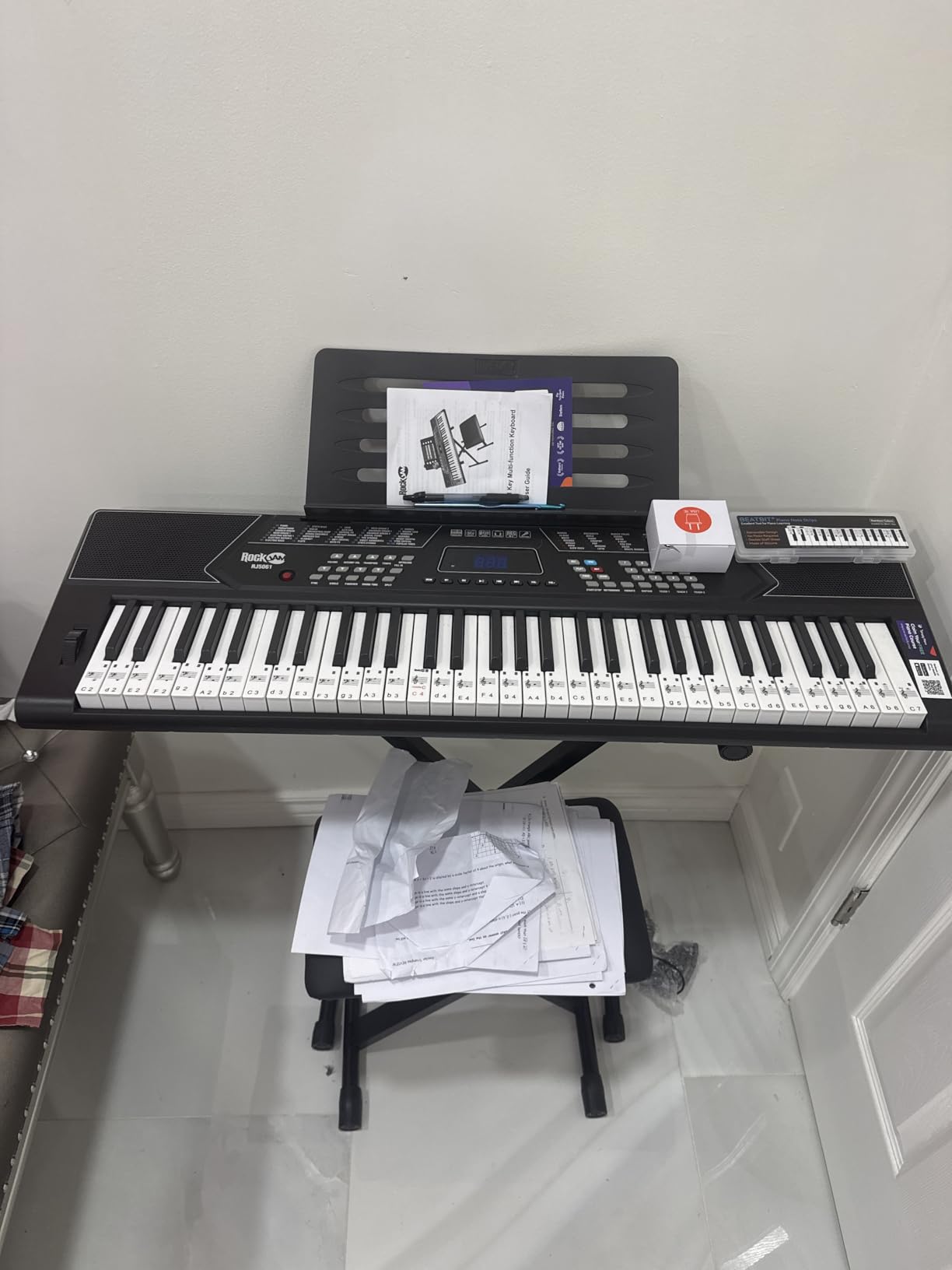 RockJam RJ5061 61 Key Keyboard Piano Kit with Stand, Bench & Headphones | Beginner electric keyboard piano set with pitch bend, LED panel, Simply Piano lessons and note stickers, all included customer photo 1