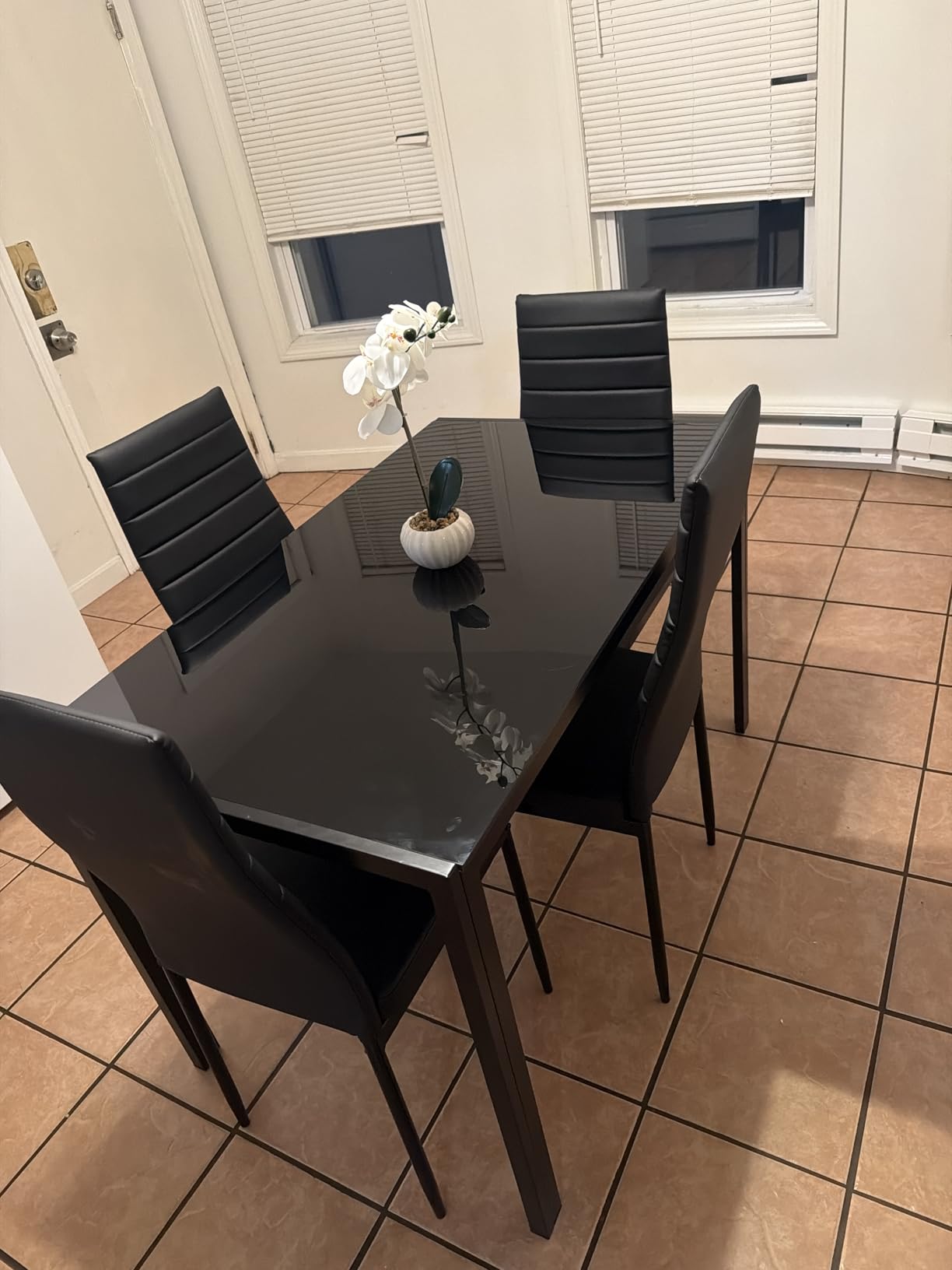 FDW | 5-Piece Dining Table Set | Black | Glass Kitchen Table | With 4 Upholstered Chairs and Faux Leather Cushions | Space-Saving and Modern Design | Easy to Assemble | for Dining Room customer photo 1