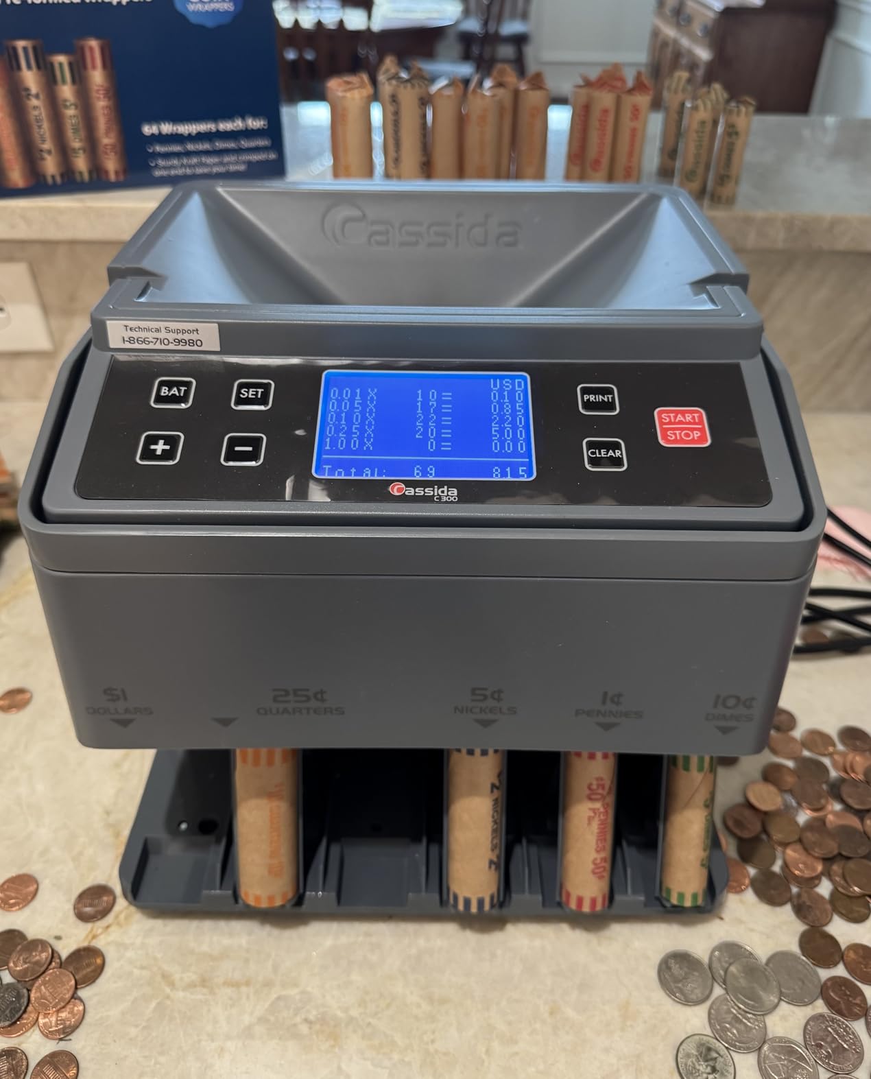 Cassida C300 Professional USD Coin Counter, Sorter and Wrapper/Roller, 300 Coins/min, with Quickload and Printing-Compatible, Gray customer photo 1