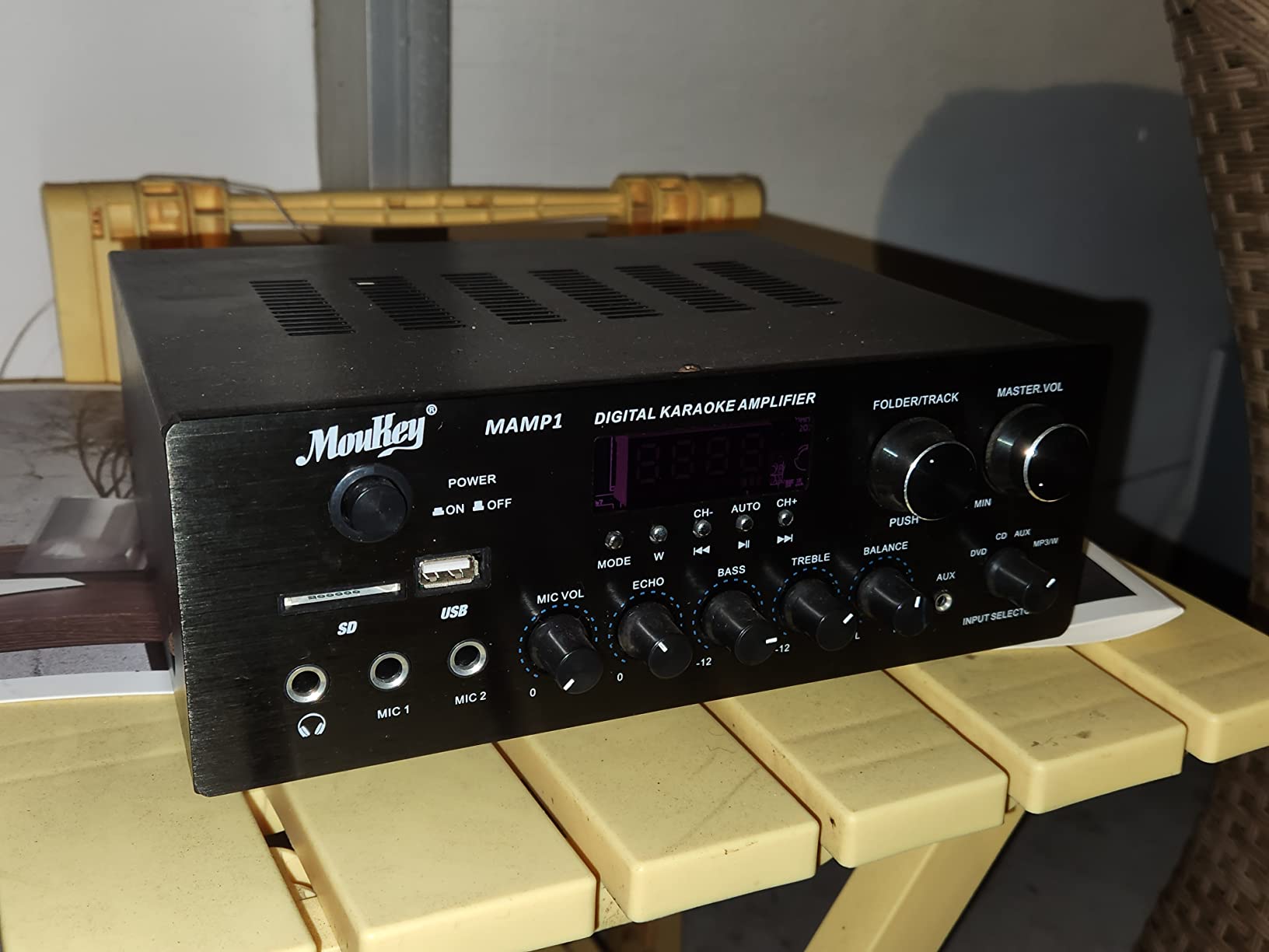 Moukey Stereo Receivers with Bluetooth 5.0, 2.0 Channel Power Audio Amplifier Stereo System w/USB, SD, AUX, RCA, MIC in w/Echo, LED for Karaoke, Home Theater Speakers, 400W Peak, 25W× 2 RMS- MAMP1 customer photo 1