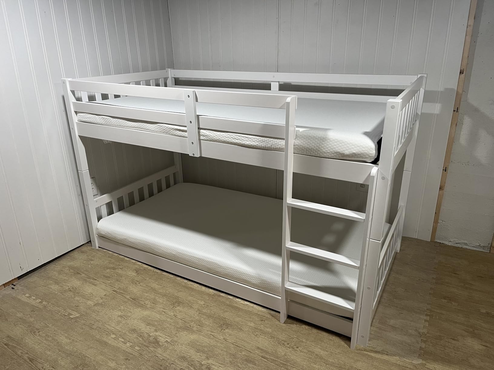 JOYMOR Solid Wood Low Twin Over Twin Bunk Bed for Kids/Junior, Bunk Bed Frame with Guardrails & Ladder for Boys Girls, No Box Spring Needed (White) customer photo 2