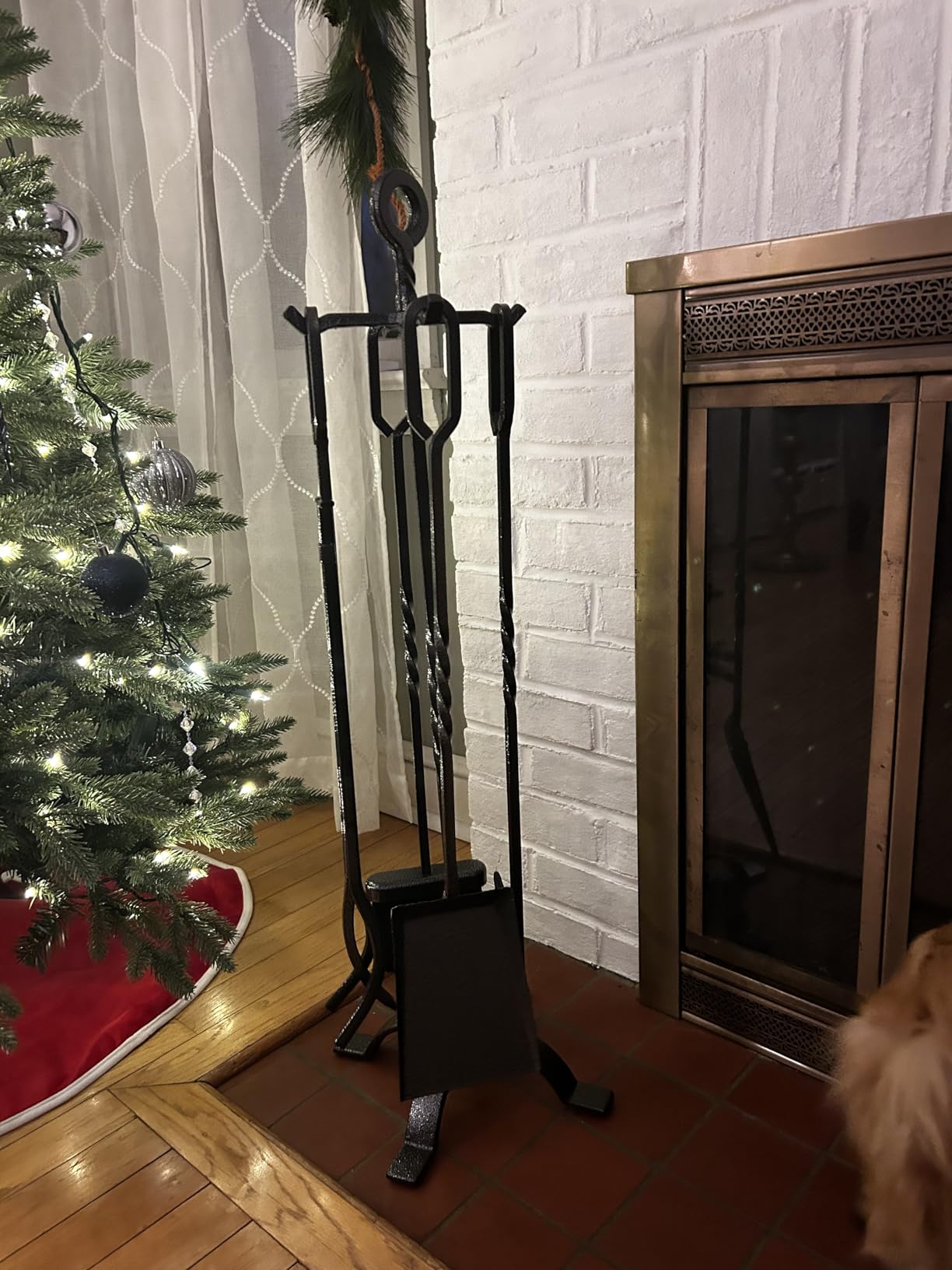 AMAGABELI GARDEN & HOME 5 Pieces Fireplace Tools Sets Wrought Iron Fireplace Set Antique Brass Copper with Poker Tongs Broom Shovel Stand Indoor Fire Place Kit Wood Stove Hearth Accessories Gold customer photo 1