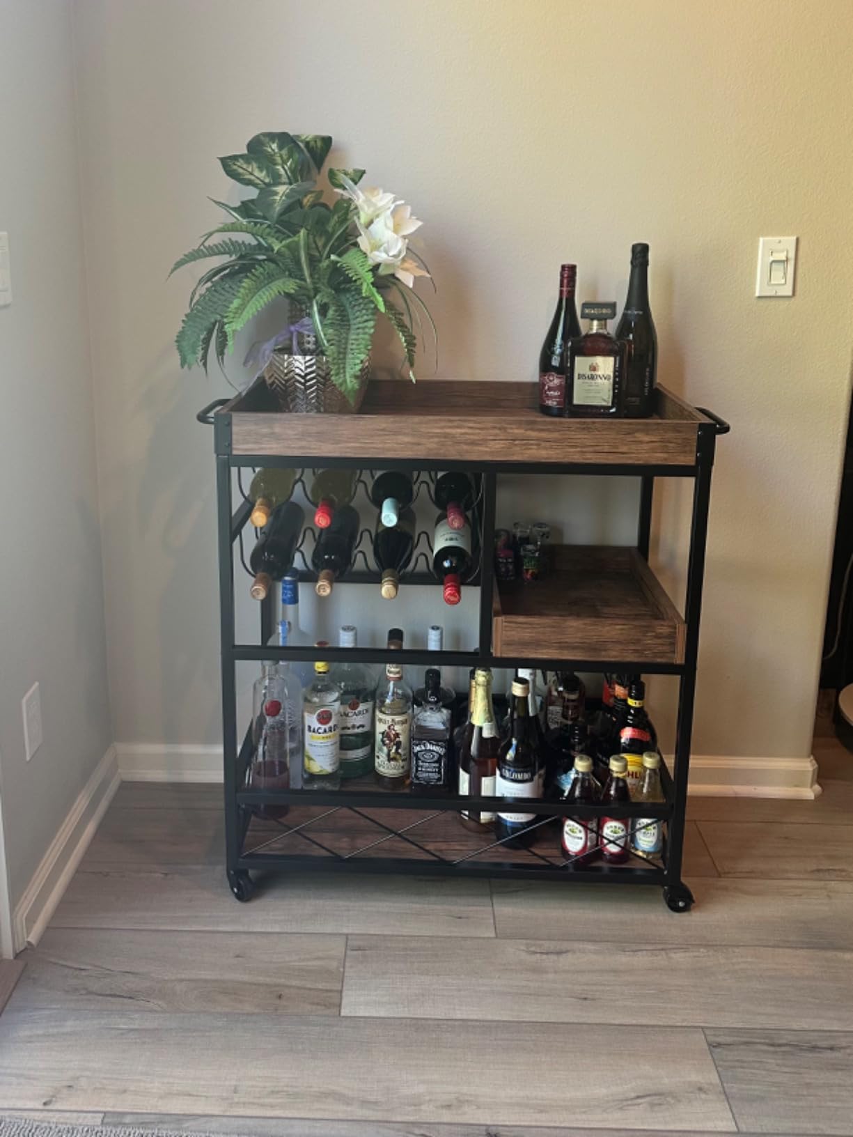 Bar Cart Industrial Mobile Kitchen Serving Carts for Home 3 Tier Storage Trolley with Wine Rack Glasses Holder Two Portable Trays Universal Casters with Brakes Rustic Rolling Cart for Indoor Outdoor customer photo 2