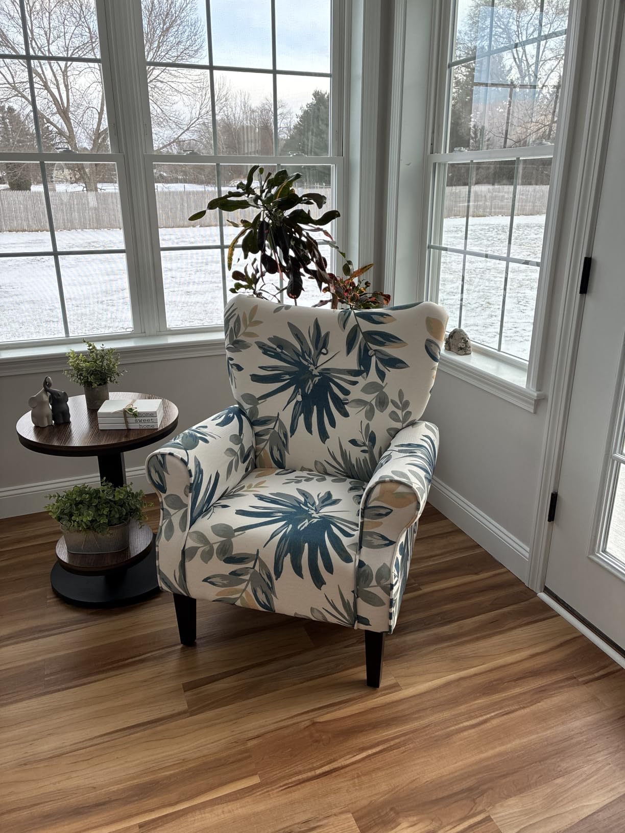 YOLENY Modern Accent Chair,High Back Armchair,Upholstered Fabric Button Single Sofa with Wooden Legs for Living Room,Bedroom,Blue Leaves customer photo 2