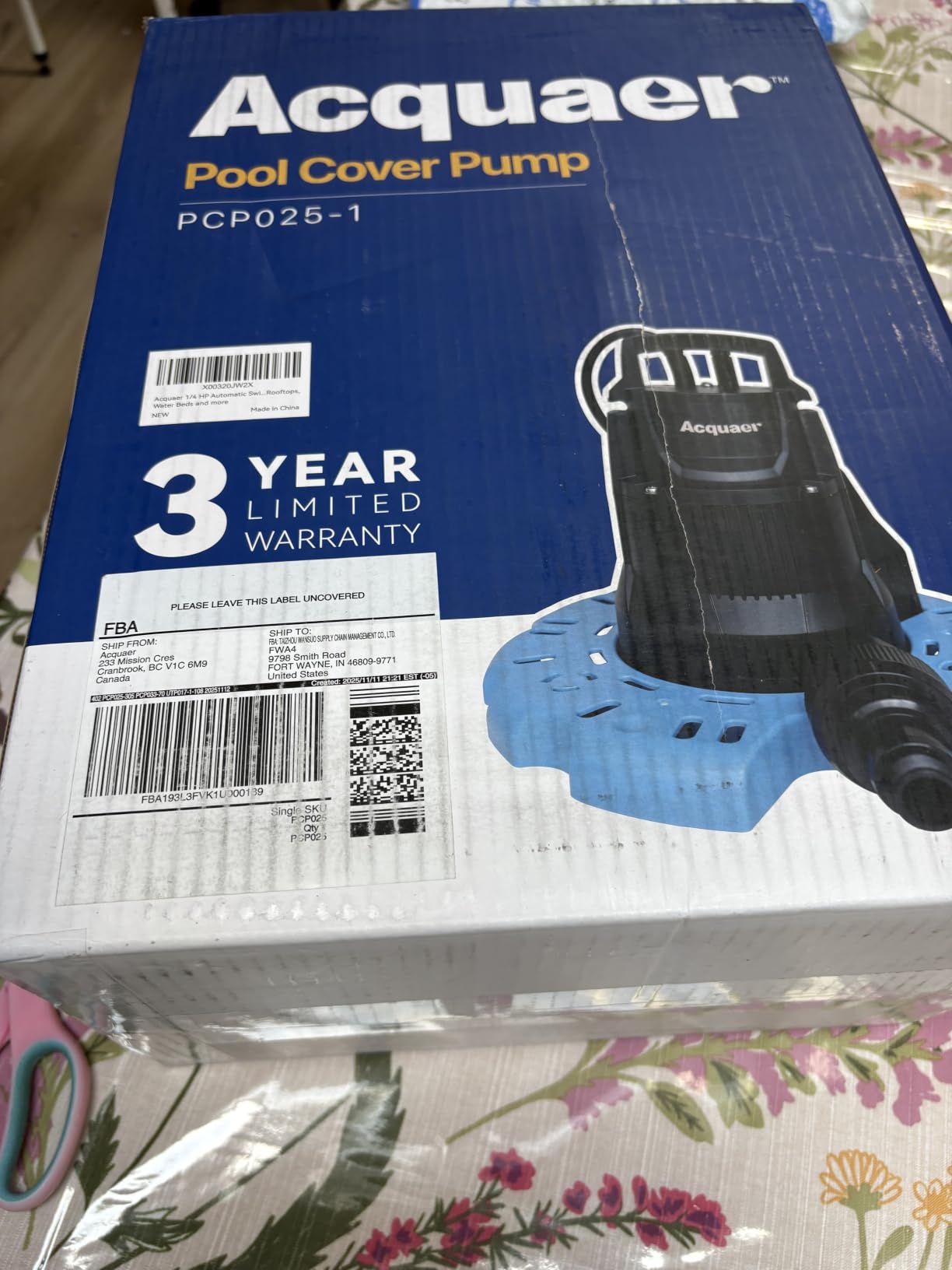 Acquaer 1/4 HP Automatic Swimming Pool Cover Pump, 2250 GPH Submersible Sump Pump with 3/4