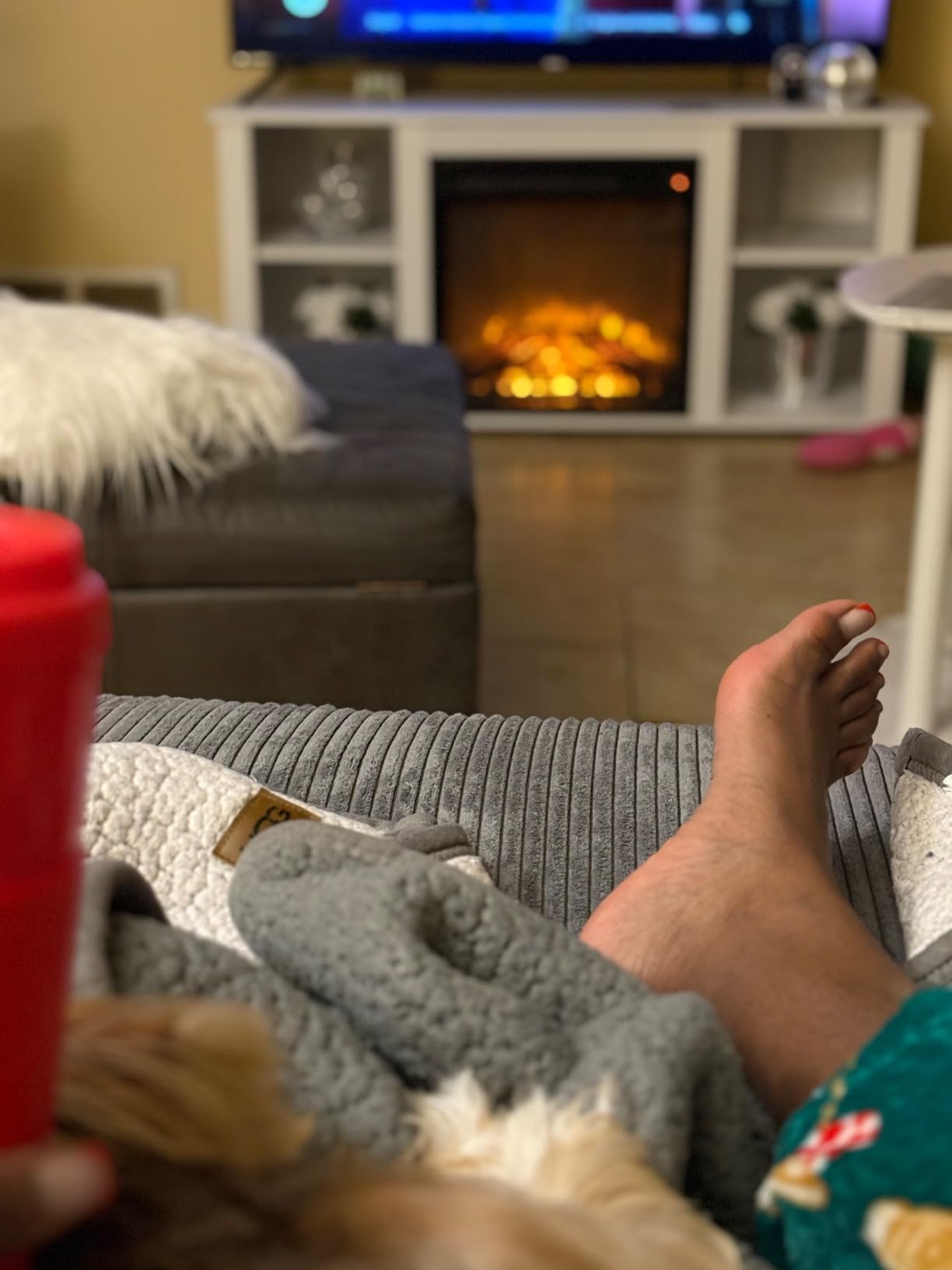 Furinno Jensen Entertainment Center Stand with Fireplace for TV up to 55 Inch, Corded Electric, White customer photo 2
