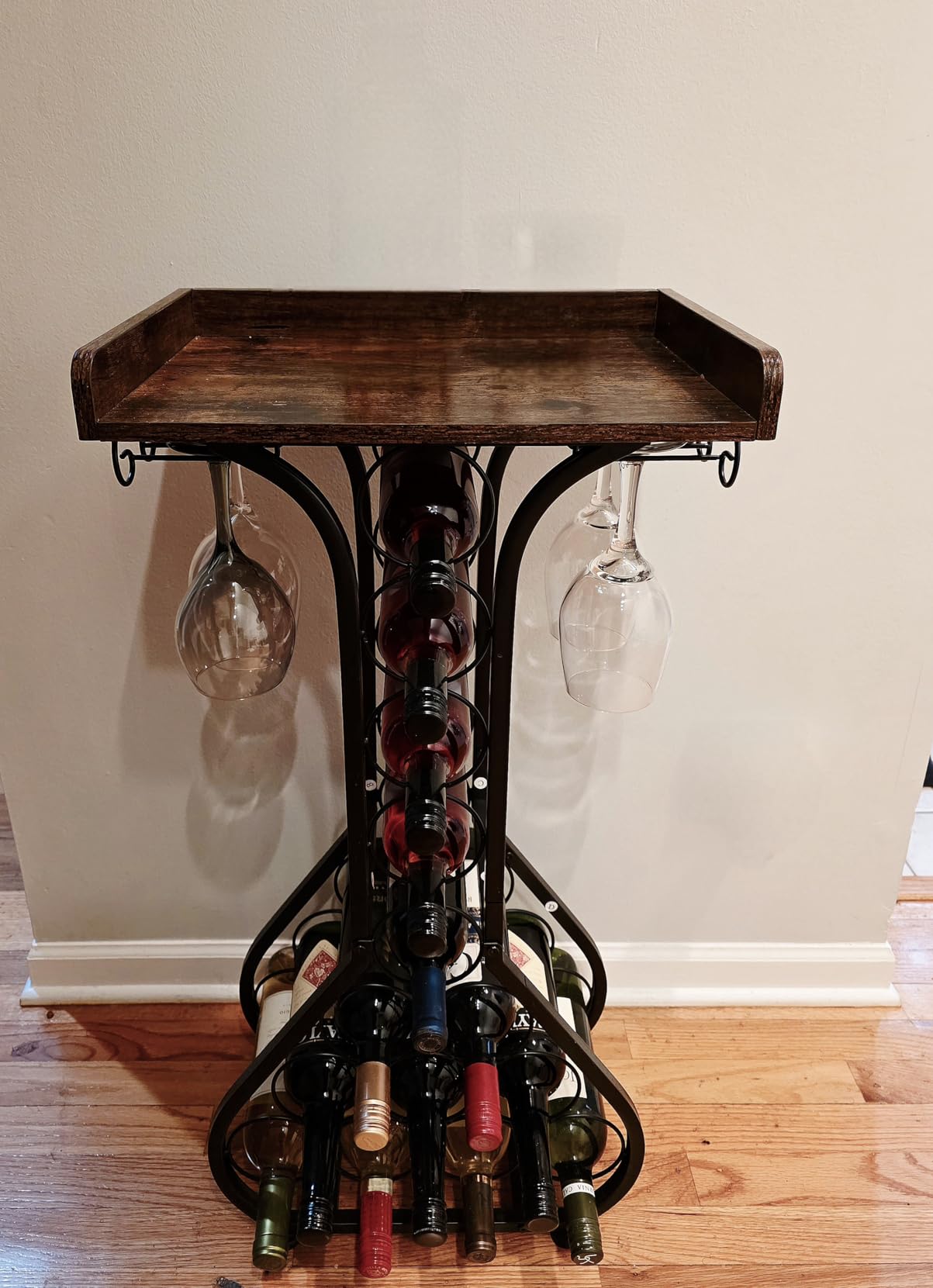 X-cosrack Wine Rack Freestanding Floor, Mini Bar Table Wine Holder Stand Liquor Cabinet with Glass Holder Wood Tabletop 14 Bottles Floor Wine Storage for Home Bar Kitchen Living Room customer photo 1