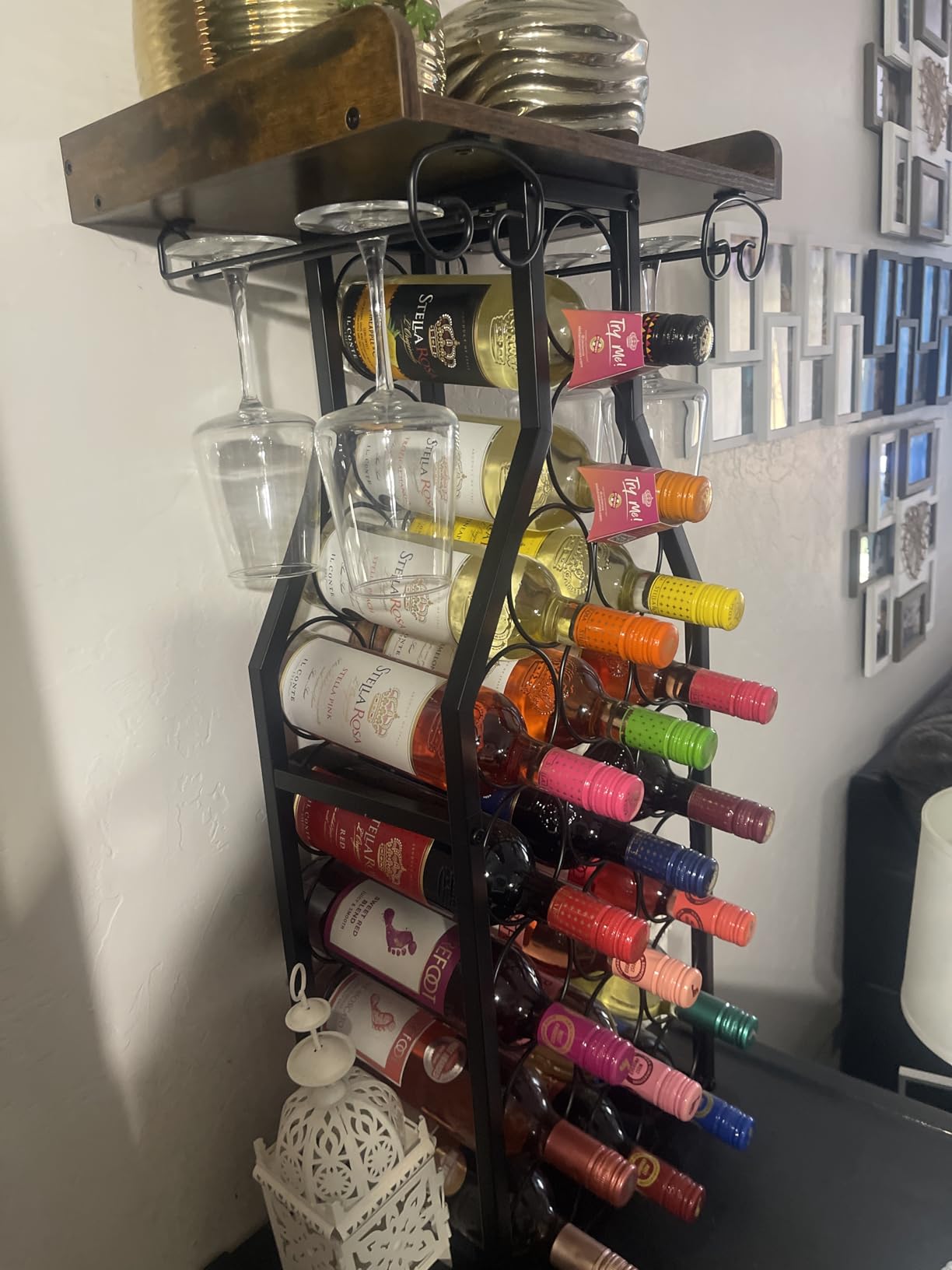X-cosrack Wine Rack Freestanding Floor, Mini Bar Table Wine Holder Stand Liquor Cabinet with Glass Holder Wood Tabletop 14 Bottles Floor Wine Storage for Home Bar Kitchen Living Room customer photo 2