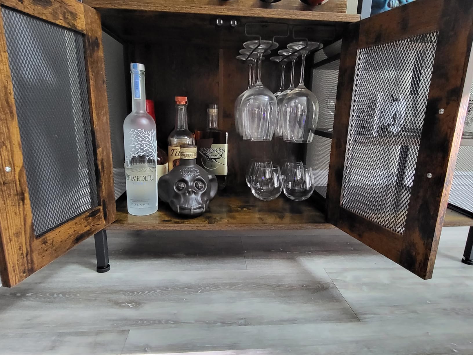 X-cosrack Wine Bar Rack Cabinet with Detachable Wine Rack, Coffee Bar Cabinet with Glass Holder, Small Sideboard and Buffet Cabinet with Mesh Door, Rustic Brown, Large customer photo 1