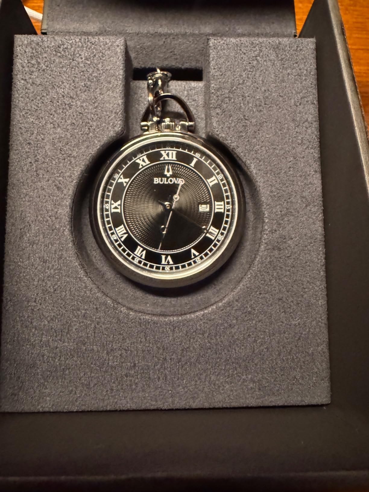 Bulova Classic Pocket Watch 3-Hand Date Quartz Stainless Steel, Black Dial with Detachable Chain Style: 96B308 customer photo 1