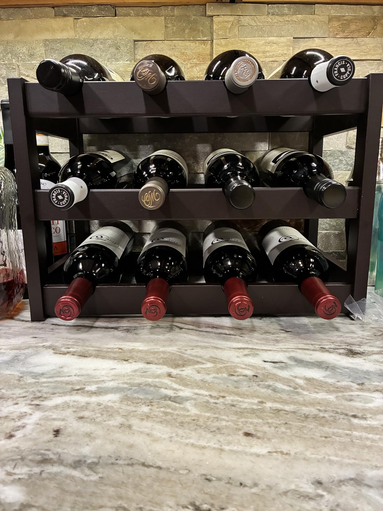VASMIA Bamboo Wine Rack, Sturdy and Durable Wine Storage Cabinet Shelf, Wine Racks Countertop for Pantry, Kitchen, 3-Tier 12 Bottles Wine Rack Black customer photo 2