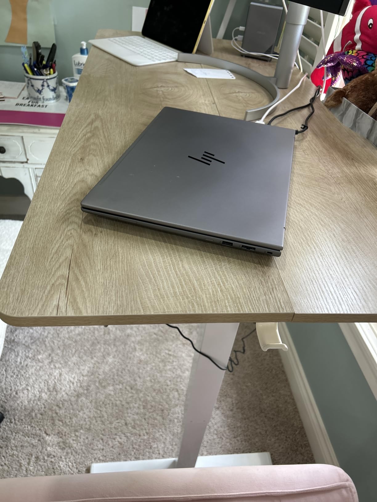 Cubiker Standing Desk, 48x24 Inches Sit Stand Home Office Desk, Electric Stand up Desk, Adjustable Desk with Splice Board, White Frame/Maple Top customer photo 2