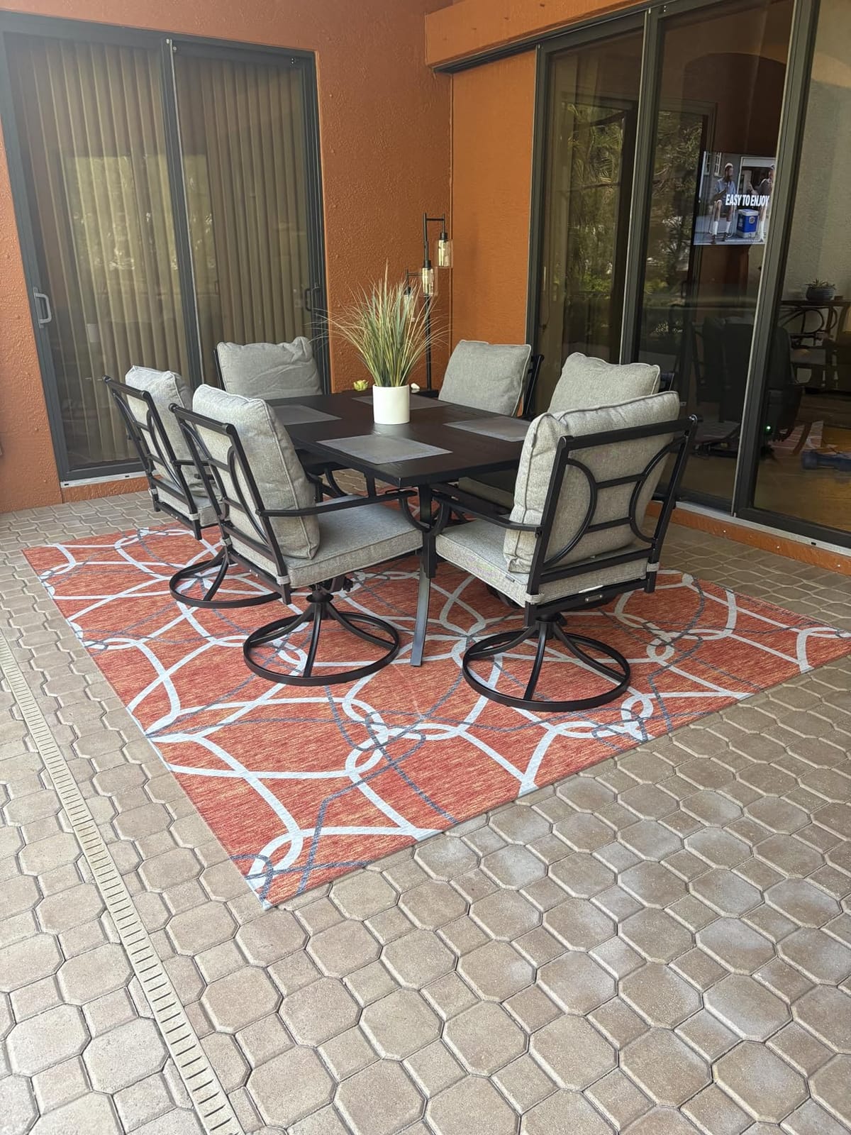 Grand patio 7-Piece Outdoor Dining Set for 6 with Swivel Patio Chairs | E-coated patio set with 6 Olefin cushioned swivel chairs and rectangular faux wood table with 1.5
