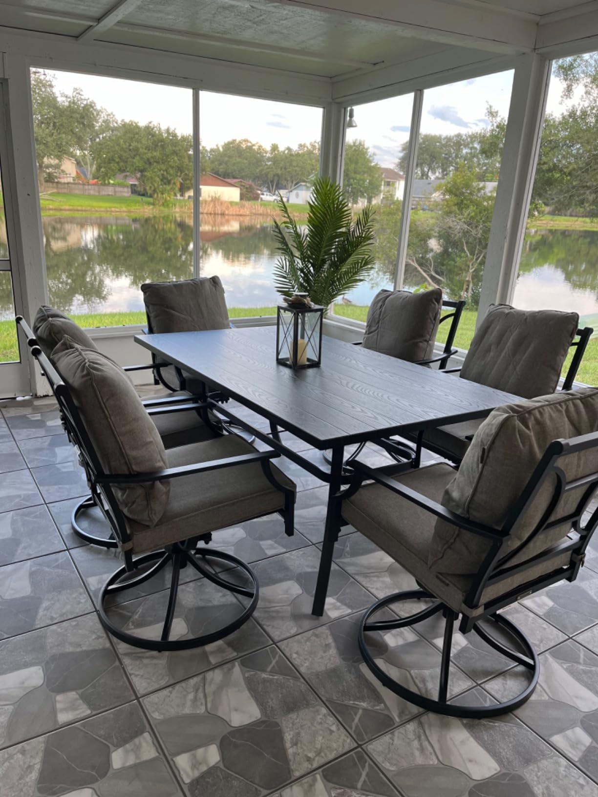 Grand patio 7-Piece Outdoor Dining Set for 6 with Swivel Patio Chairs | E-coated patio set with 6 Olefin cushioned swivel chairs and rectangular faux wood table with 1.5