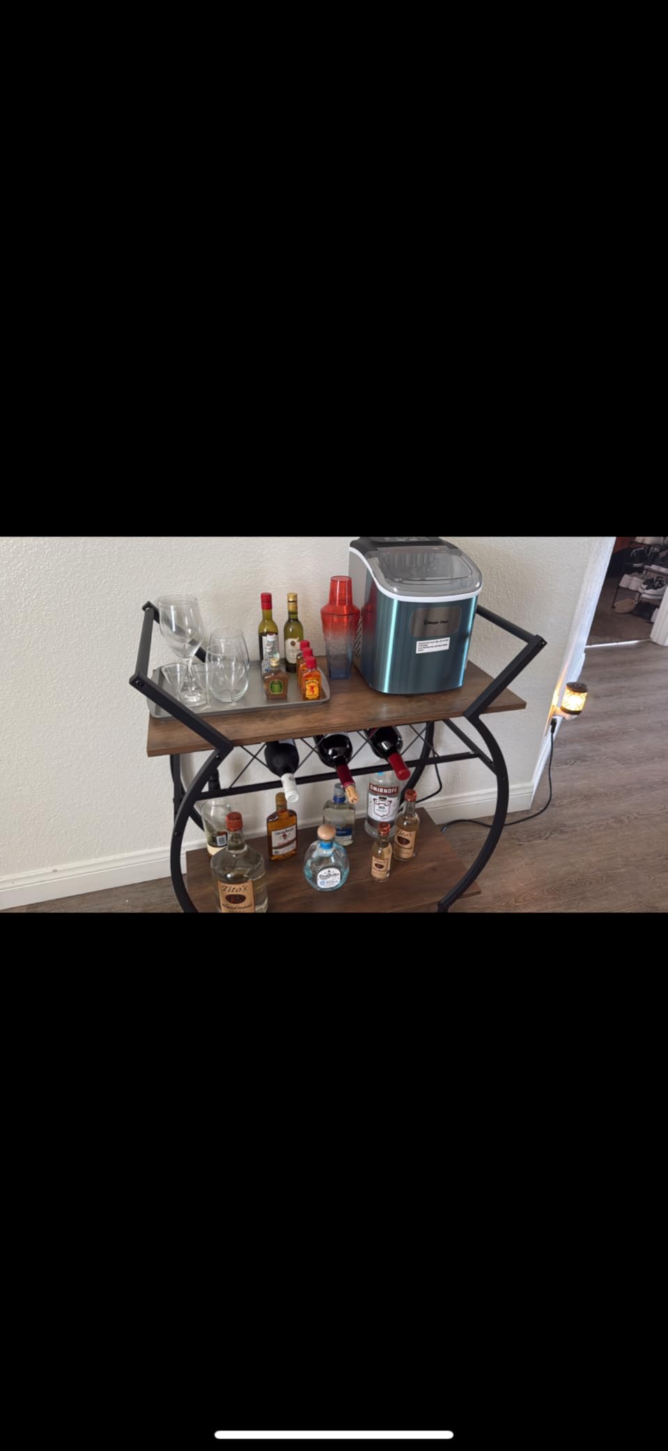 LVB Black Bar Cart with Wheels, Industrial Wine Cart with Storage for Home | Modern Bar Cart with Wine Rack, Beverage Rolling Kitchen Serving Cart, Wooden Microwave Drink Liquor Cart for Dining Room customer photo 1