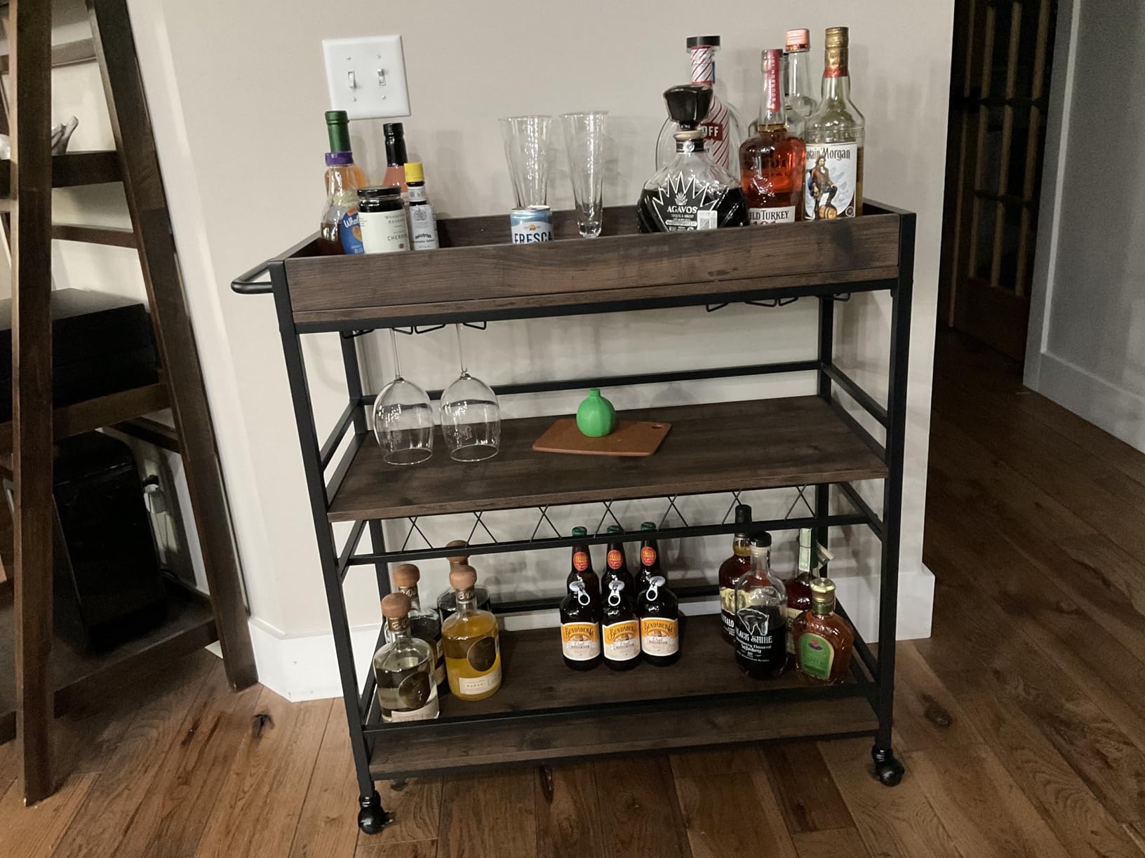 BON AUGURE Bar Cart for The Home, Rolling Home Bar Serving Cart on Wheels, 3 Tier Liquor Beverage Carts with Wine Rack and Glass Holder (Rustic Oak) customer photo 1