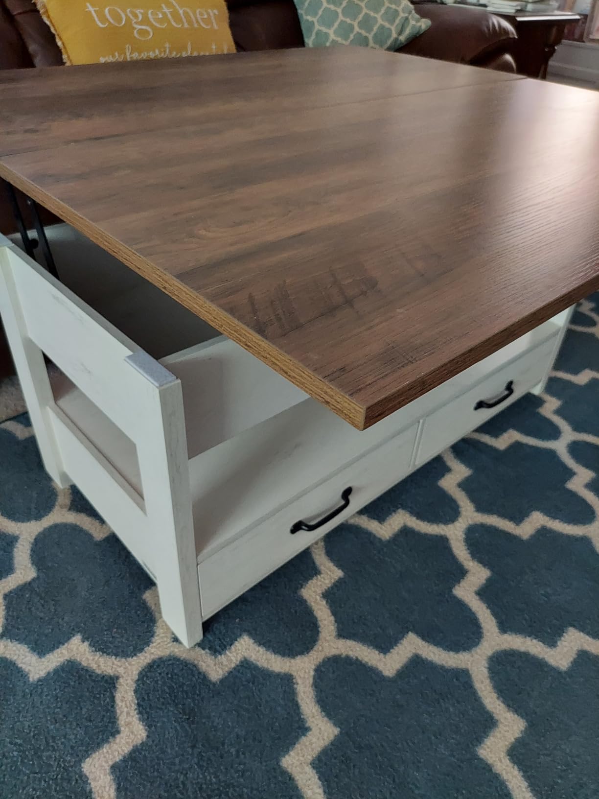 VASAGLE Lift Top Coffee Table, Lift Coffee Table with Storage Shelf, Hidden Compartments and Lifting Top, for Living Room, Office, 19.7 x 47.2 x (19.3-24.4) Inches, Rustic Brown and Black ULCT212B01 customer photo 2