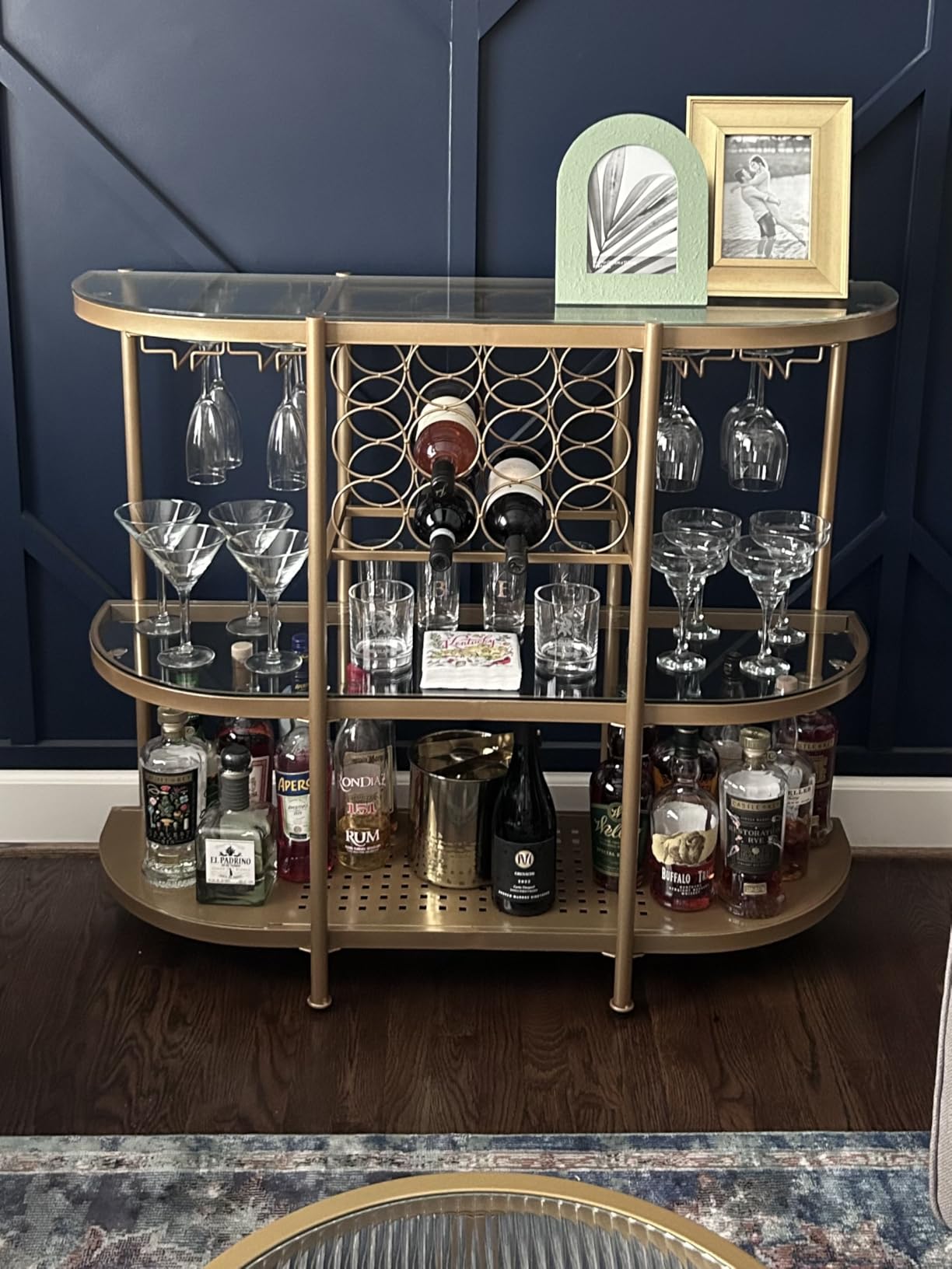 O&K FURNITURE Home Bar Table with Wine Racks, 3 Tier Wine Bar Table with Glass Holders, Wine Cabinet with Open Shelf, Liquor Bar Coffee Bar Table for Living Room Kitchen, Gold customer photo 1