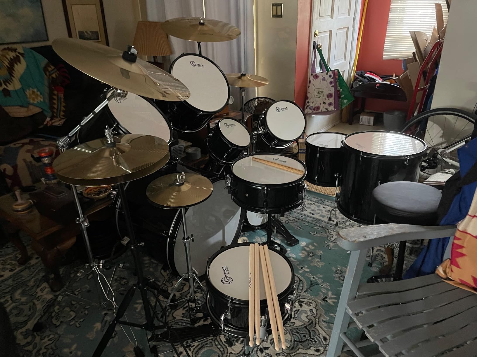 Gammon Percussion Full Size Complete Adult 5-Piece Drum Set with Cymbals, Stands, Stool, and Sticks - Red customer photo 2