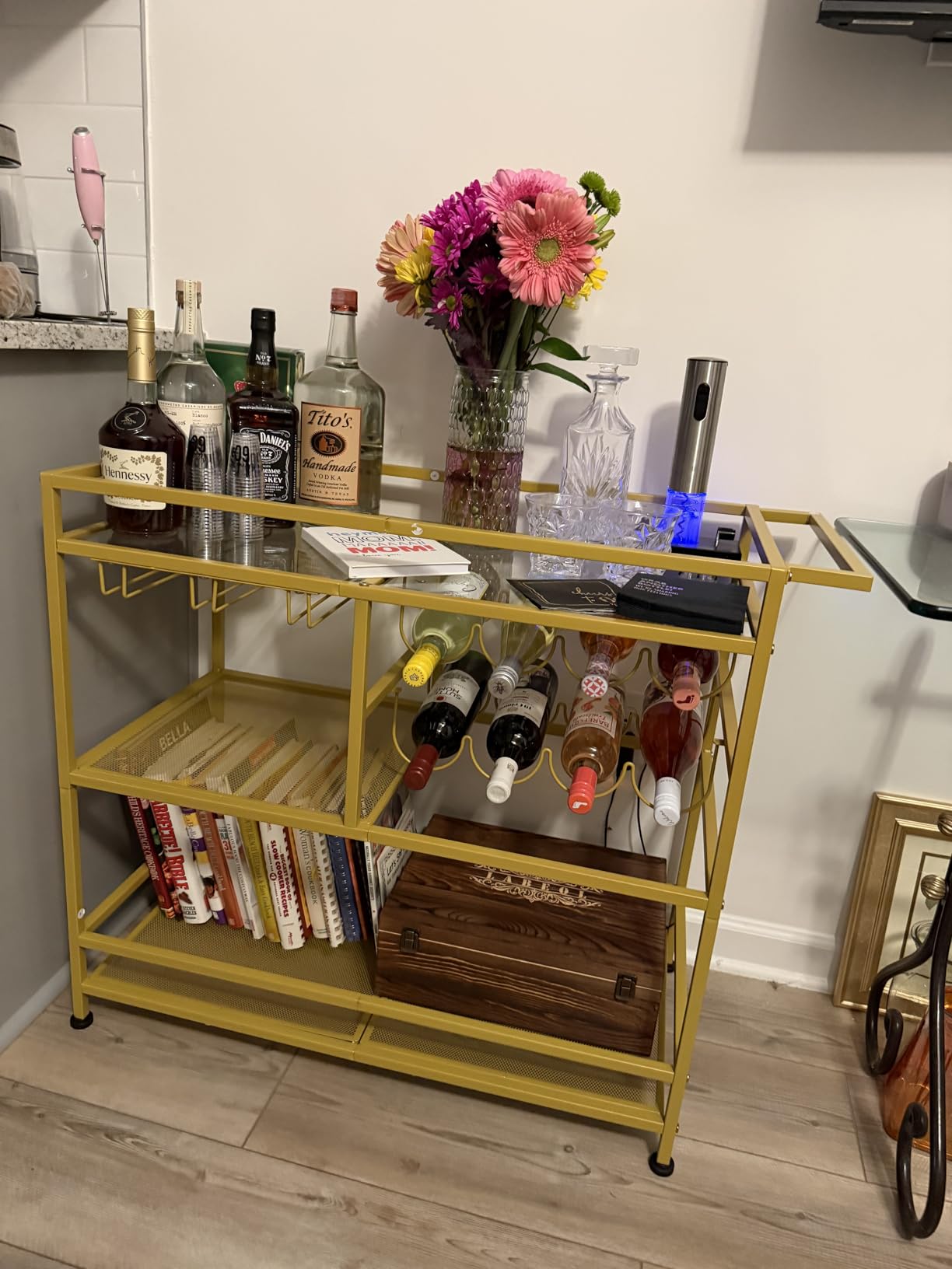 MAHANCRIS Bar Cart for Home, 3-Tier Serving Cart with Wheels and Handle, Beverage Cart with Wine Rack and Glass Holders, Rolling Wine Cart for Kitchen, Dining Room, Gold RCJ61B01 customer photo 2
