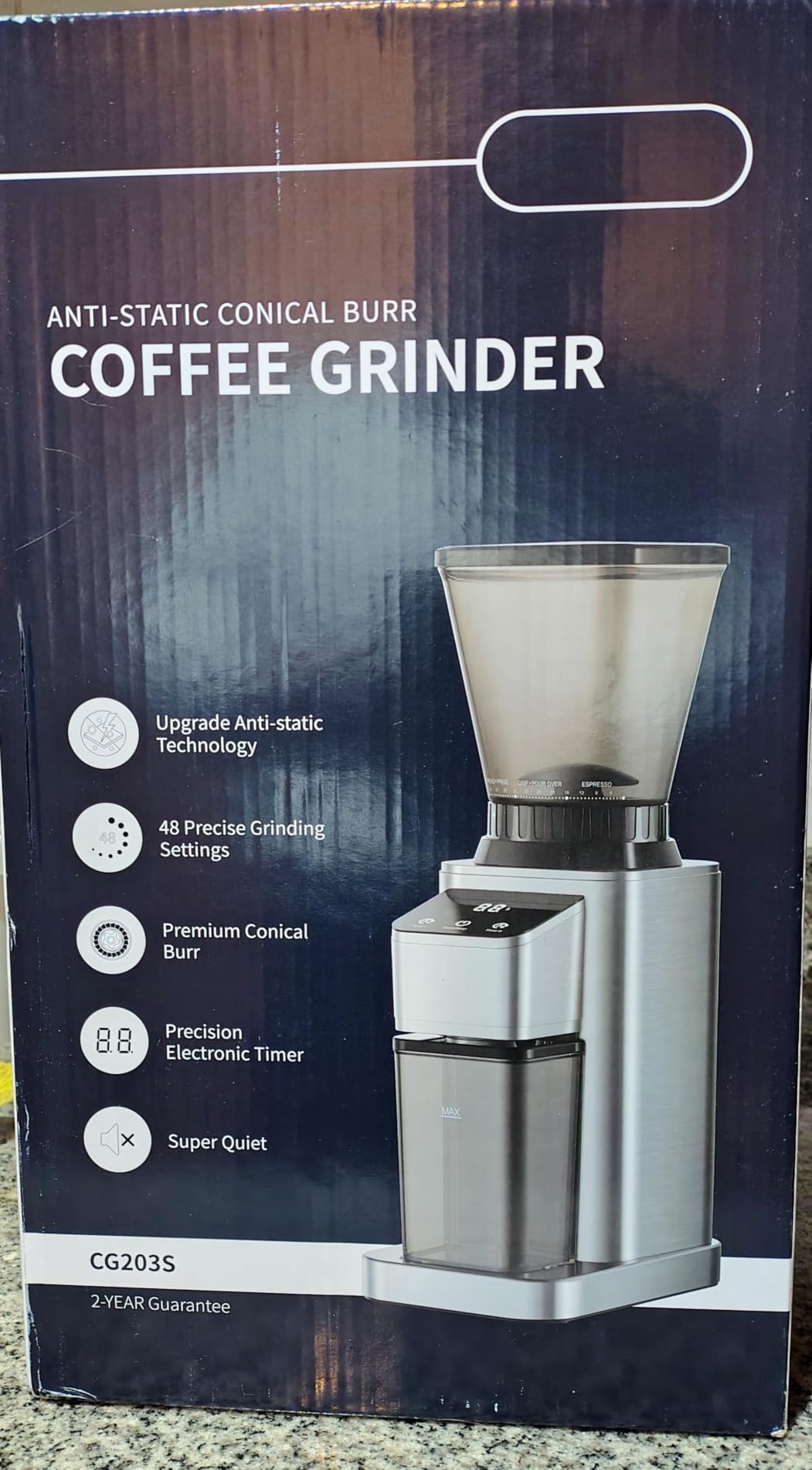 SHARDOR Conical Burr Coffee Bean Grinder, Anti-Static, 48 Settings, Silver | Electric Grinding, Stainless Steel, LCD Touchscreen, Precision Timer, Detachable Parts, Low Speed, 150W Motor, 9.7 oz Hopper customer photo 2