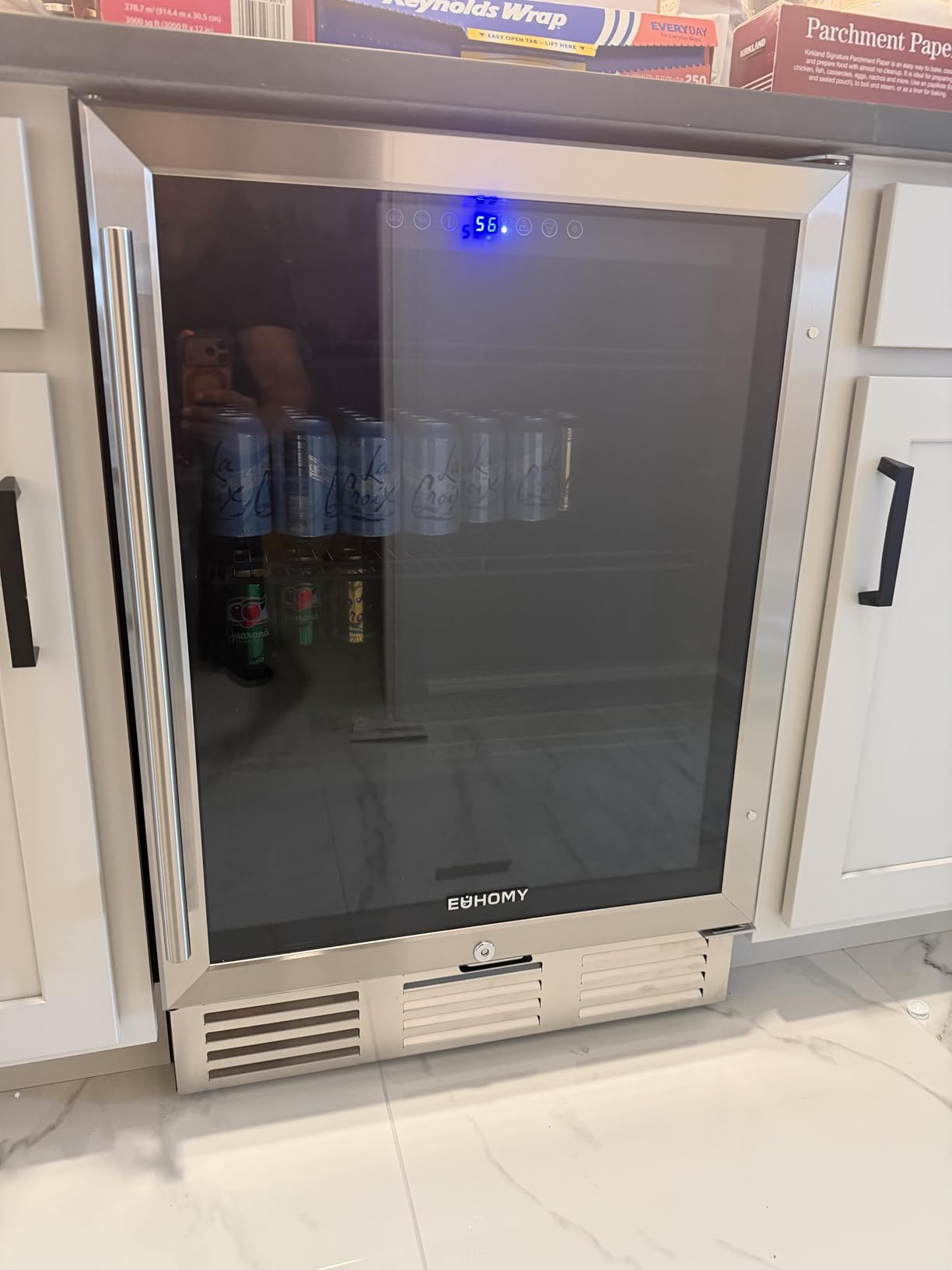 EUHOMY 24 Inch Beverage Refrigerator, 180 Can Under Counter Refrigerator, 37°F-65°F, Compressor Cooling, Built-in or Freestanding, Removable Shelves, Bar Office Kitchen Use, LED Light, Glass Door customer photo 1