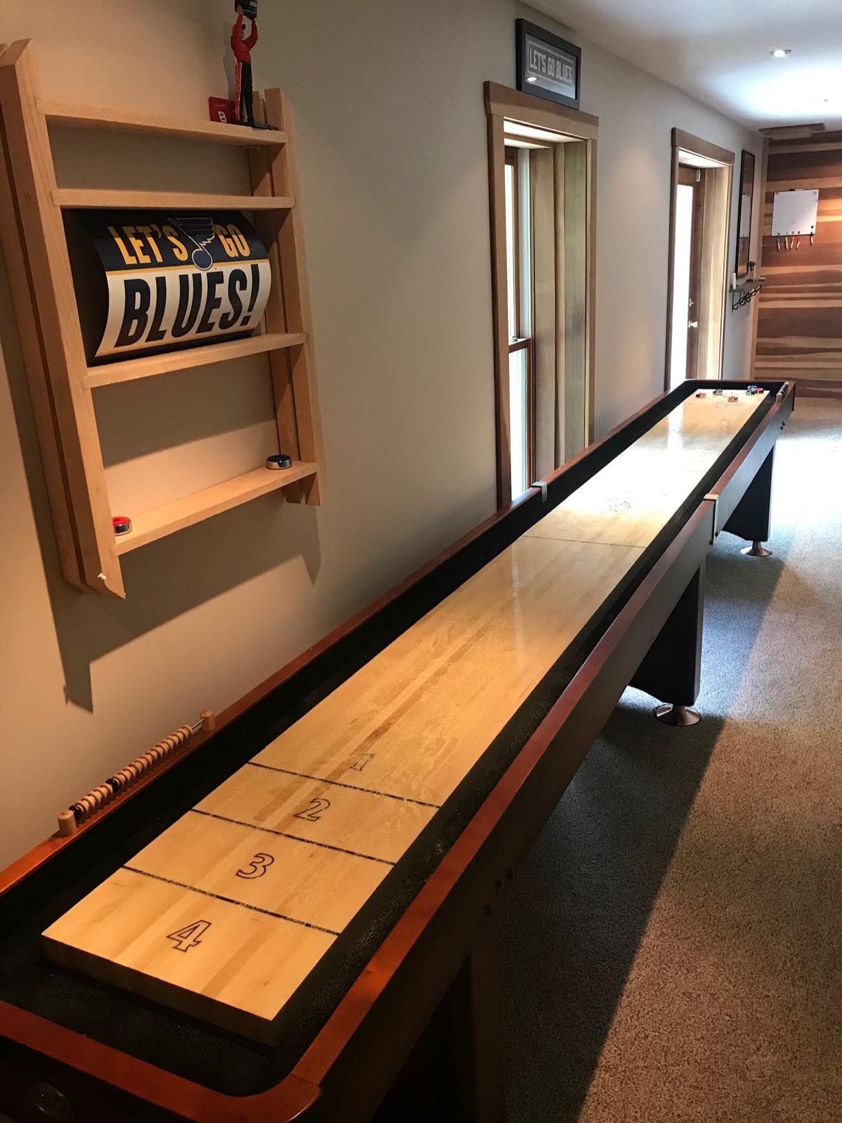 Playcraft Georgetown Shuffleboard Table with Storage Cabinet - Shuffle Board Game Table with Matching Abacus, 8 Pucks, Brush & Wax - Pro Climate Adjusters - Hand-Stained Burnished Finish customer photo 2