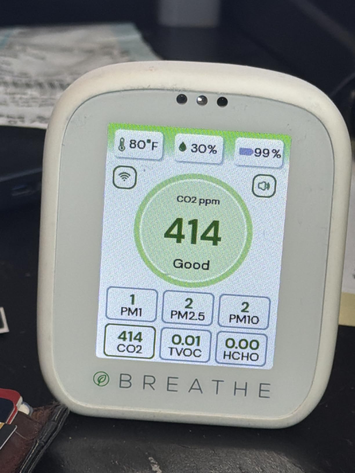 BREATHE Airmonitor Plus Indoor Air Quality Monitor w/CO2, PM & App. Gen 2. | Professional-Grade NDIR Sensor, PM1, PM10, TVOC, Formaldehyde, Smart Alerts, 90-Day History, CSV Export customer photo 1